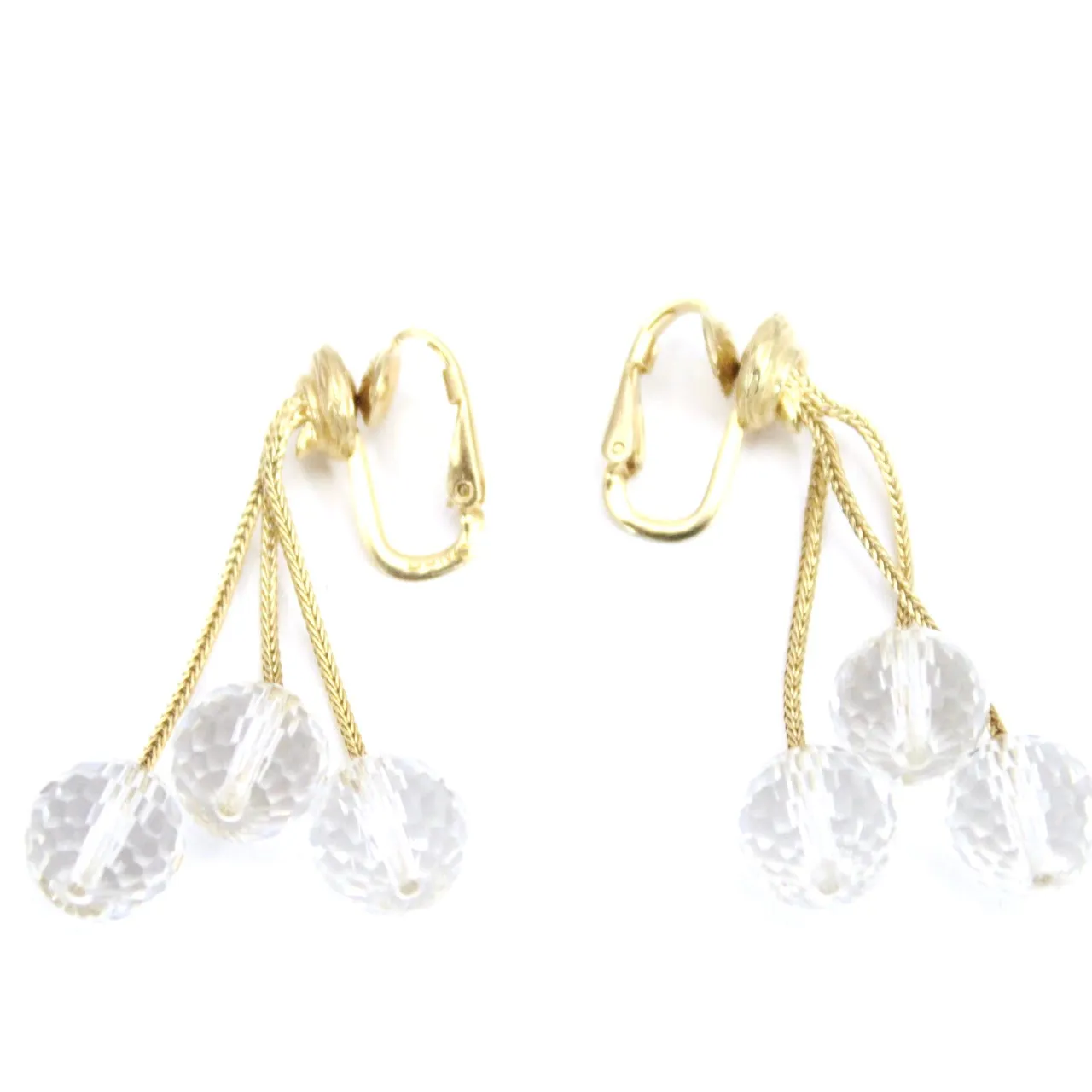 Vintage CINER signed Clip on Earrings Gold Triple Crystal Ball Drop Dangle  1 1/2"
