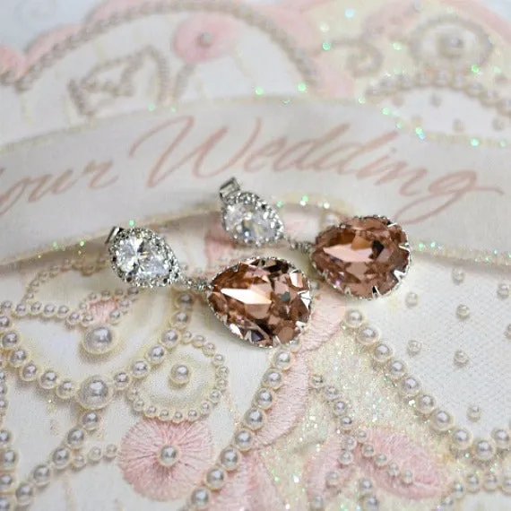 Vintage Rose Peach Teardrop Swarovski Crystals Bridal Earrings Necklace Set. Blush Bridal Jewelry. Bridesmaids Rose Peach Wedding Jewelry.