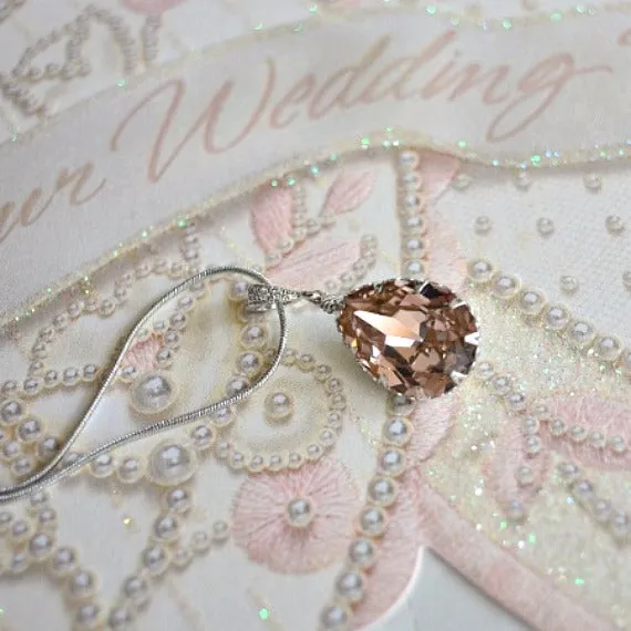 Vintage Rose Peach Teardrop Swarovski Crystals Bridal Earrings Necklace Set. Blush Bridal Jewelry. Bridesmaids Rose Peach Wedding Jewelry.