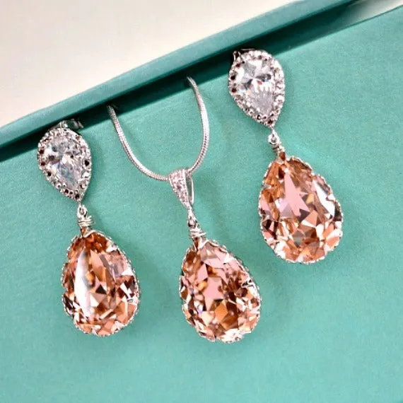 Vintage Rose Peach Teardrop Swarovski Crystals Bridal Earrings Necklace Set. Blush Bridal Jewelry. Bridesmaids Rose Peach Wedding Jewelry.