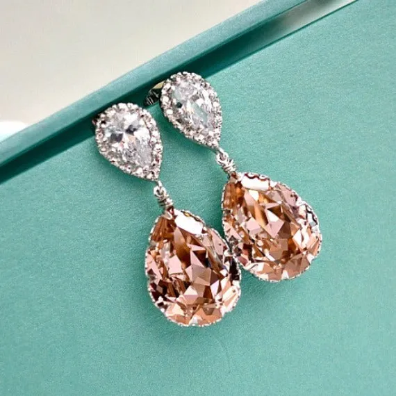 Vintage Rose Peach Teardrop Swarovski Crystals Bridal Earrings Necklace Set. Blush Bridal Jewelry. Bridesmaids Rose Peach Wedding Jewelry.