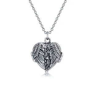 Vintage Style Guardian Angel Wing Heart Photo Locket Necklace Silver Pendant