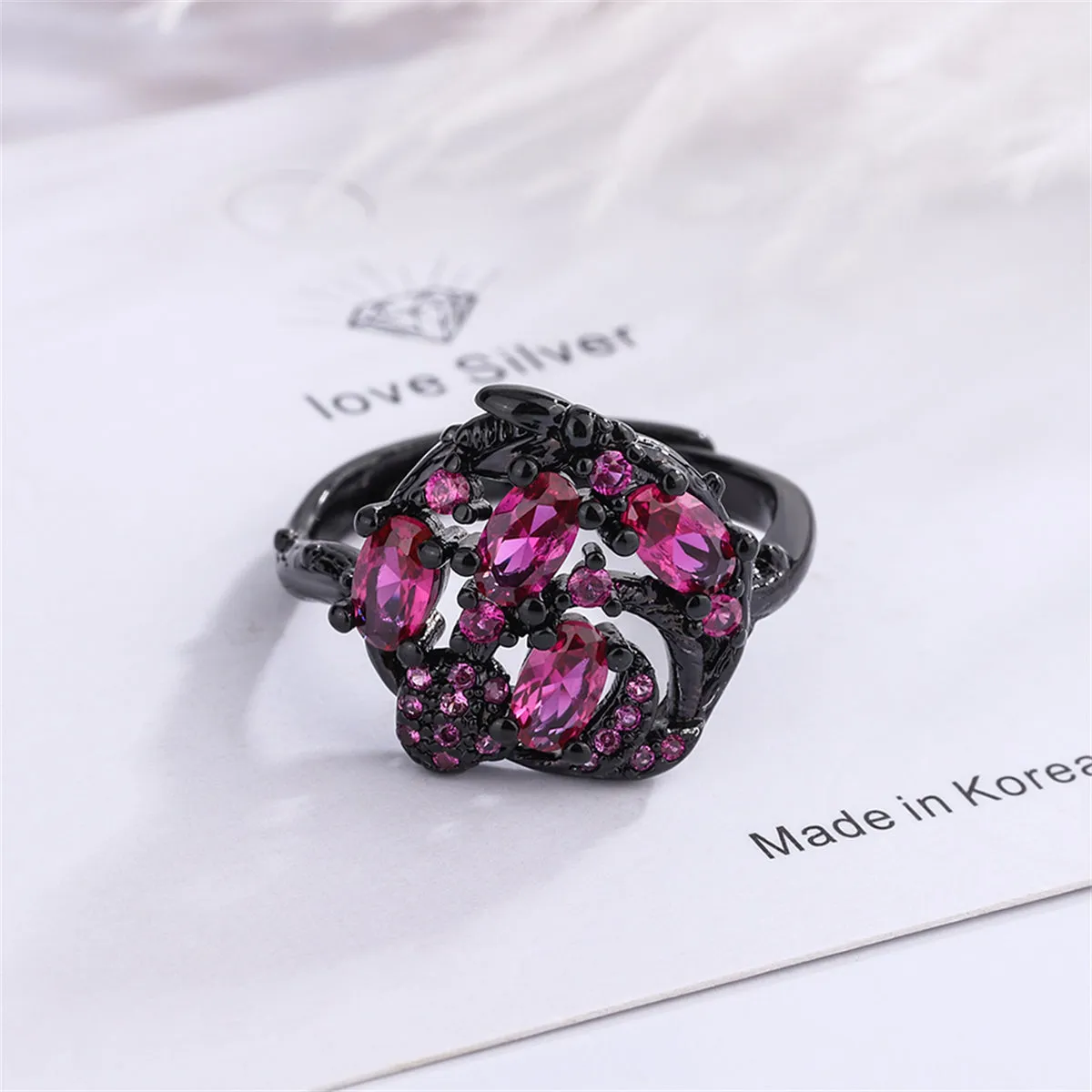 Violet Crystal & Violet Cubic Zirconia Cluster Adjustable Ring