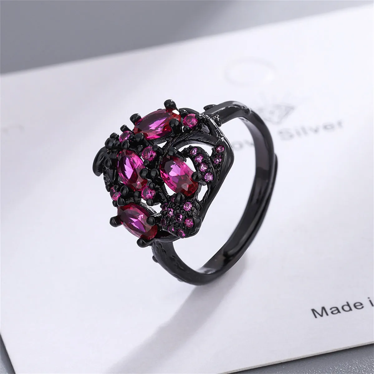 Violet Crystal & Violet Cubic Zirconia Cluster Adjustable Ring