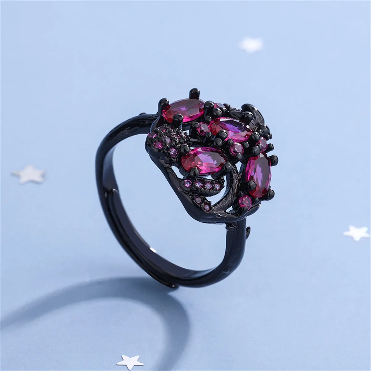 Violet Crystal & Violet Cubic Zirconia Cluster Adjustable Ring