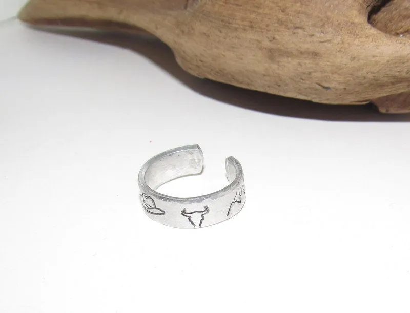 Western theme Personalized Adjustable stamped ring,  inspiration rings, adjustable silver ring, stamped jewelry, boho mountain ring