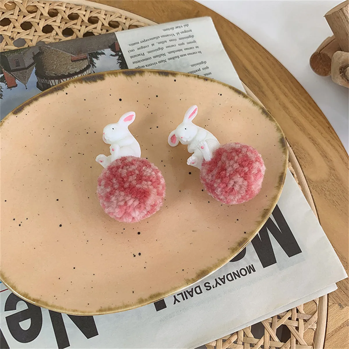 White & Pink Wool Pom-Pom Rabbit Drop Earrings