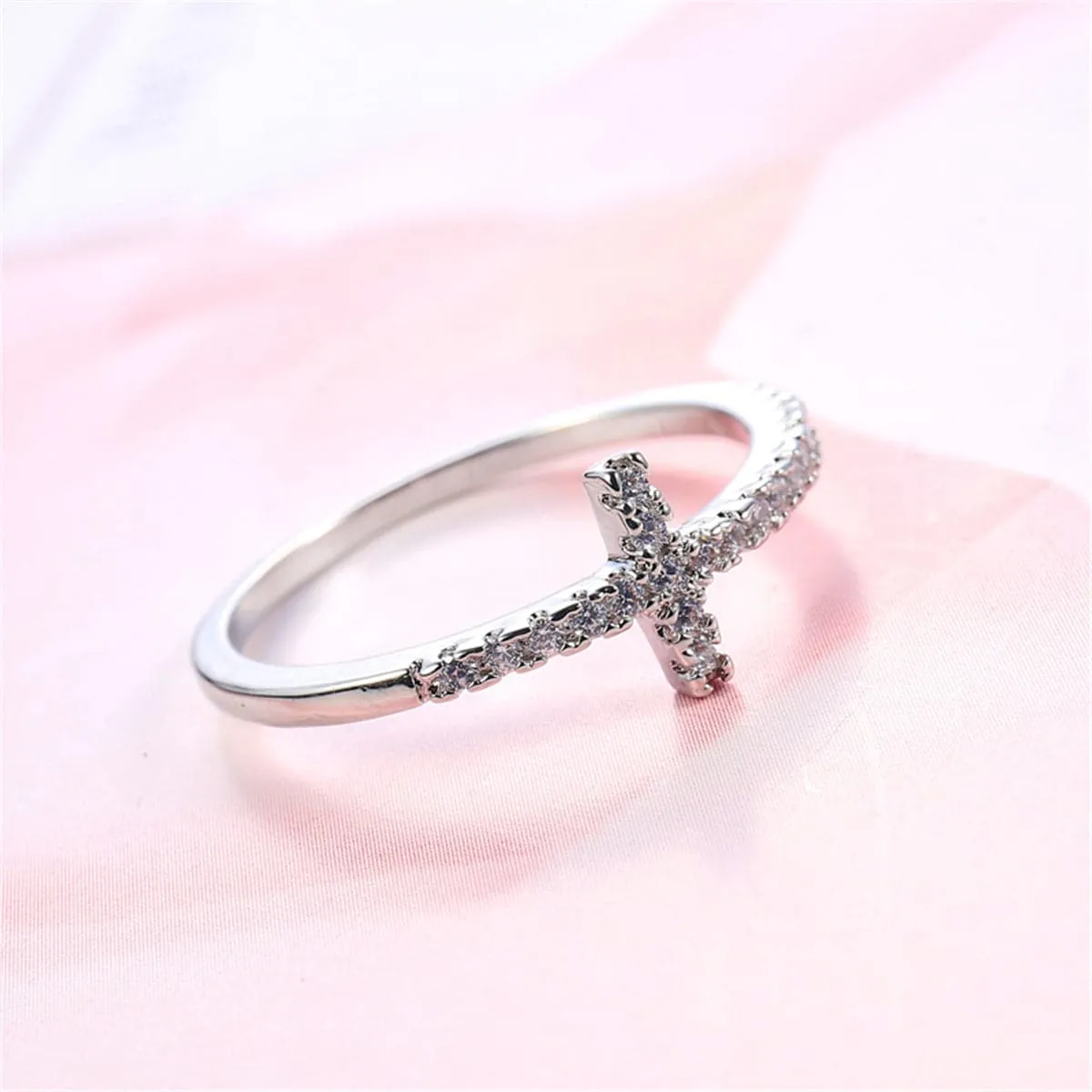 White Cubic Zirconia Cross Ring