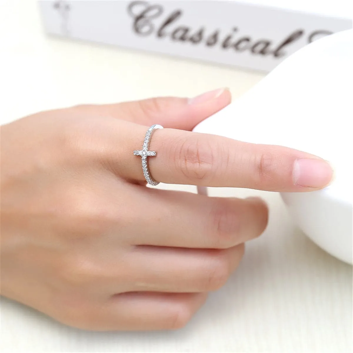 White Cubic Zirconia Cross Ring