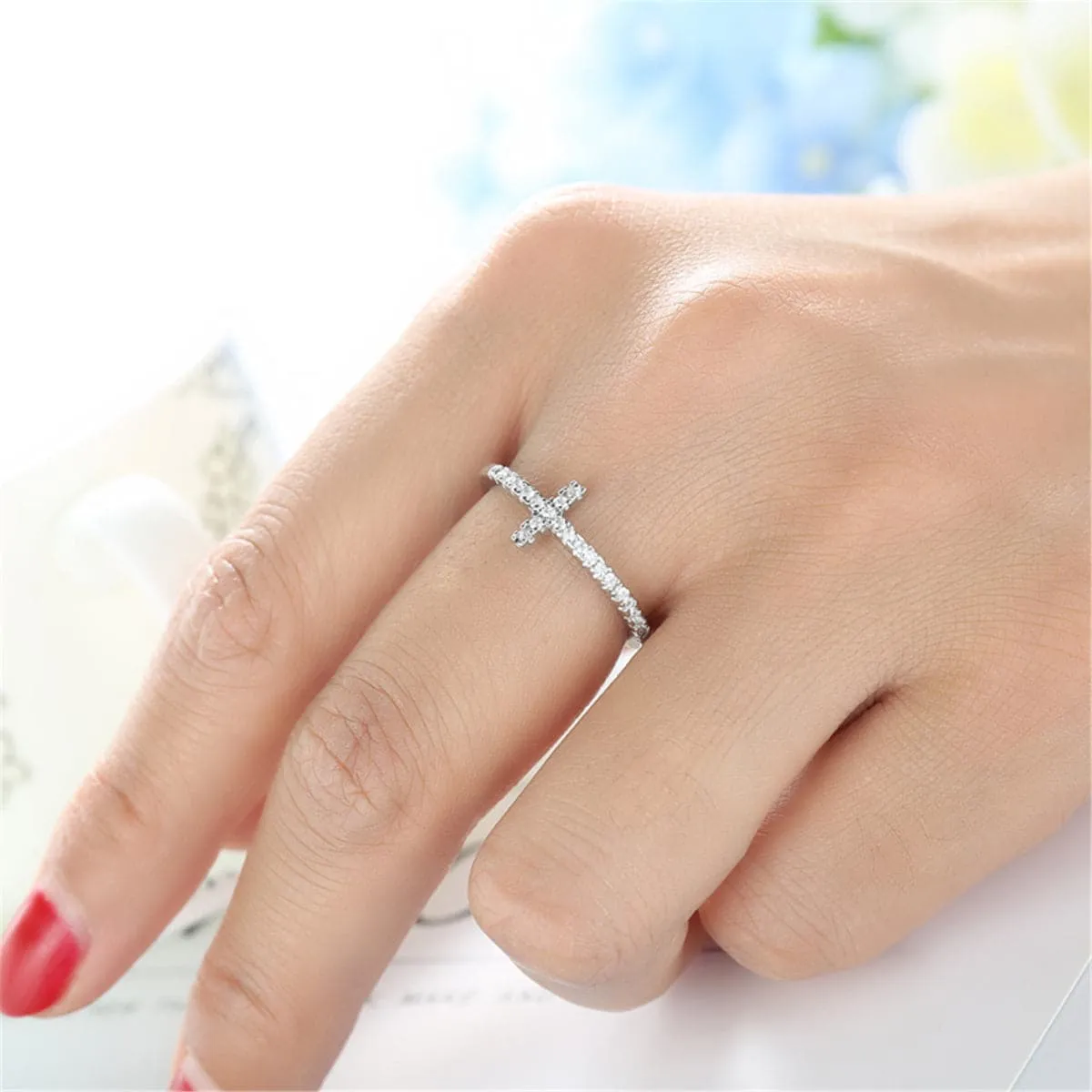 White Cubic Zirconia Cross Ring