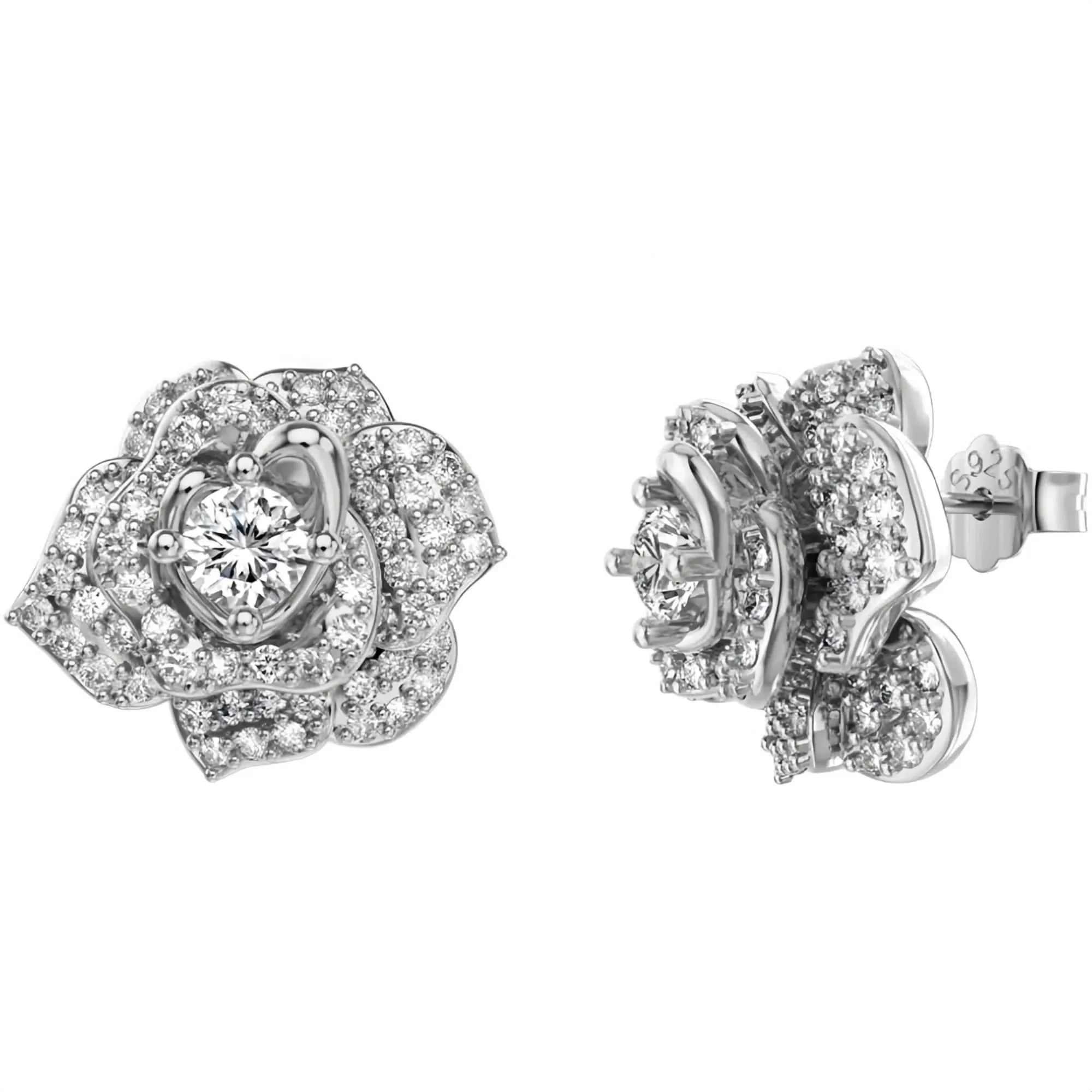 White Gold Flower Earrings (Silver, Stud)