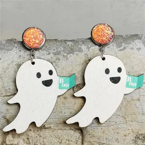 White Wood & Silver-Plated Ghost Drop Earrings