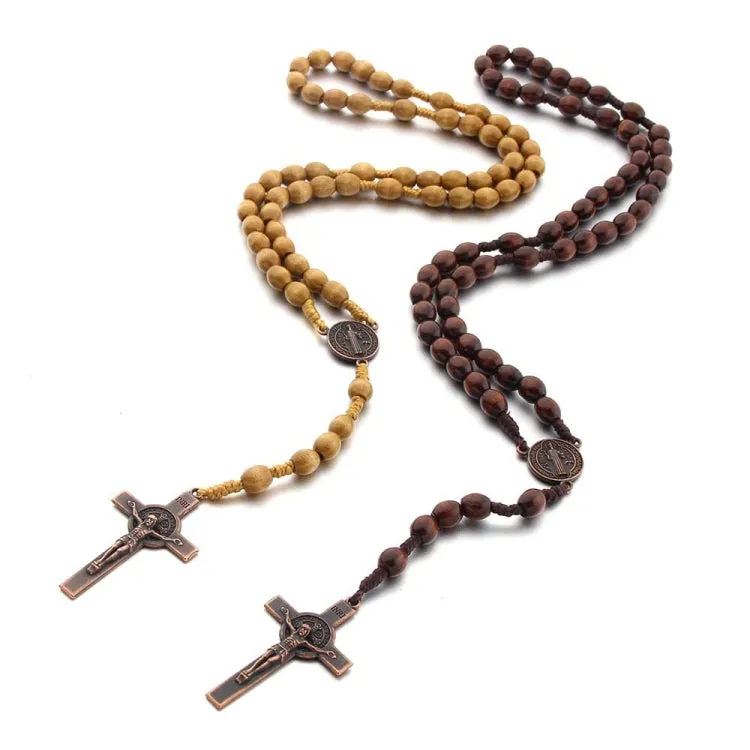 Wooden Beads Handmade Wire Vintage Cross Necklace(Light Coffee)