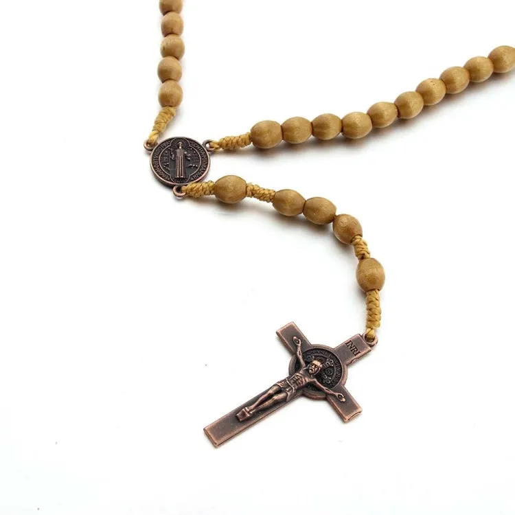 Wooden Beads Handmade Wire Vintage Cross Necklace(Light Coffee)