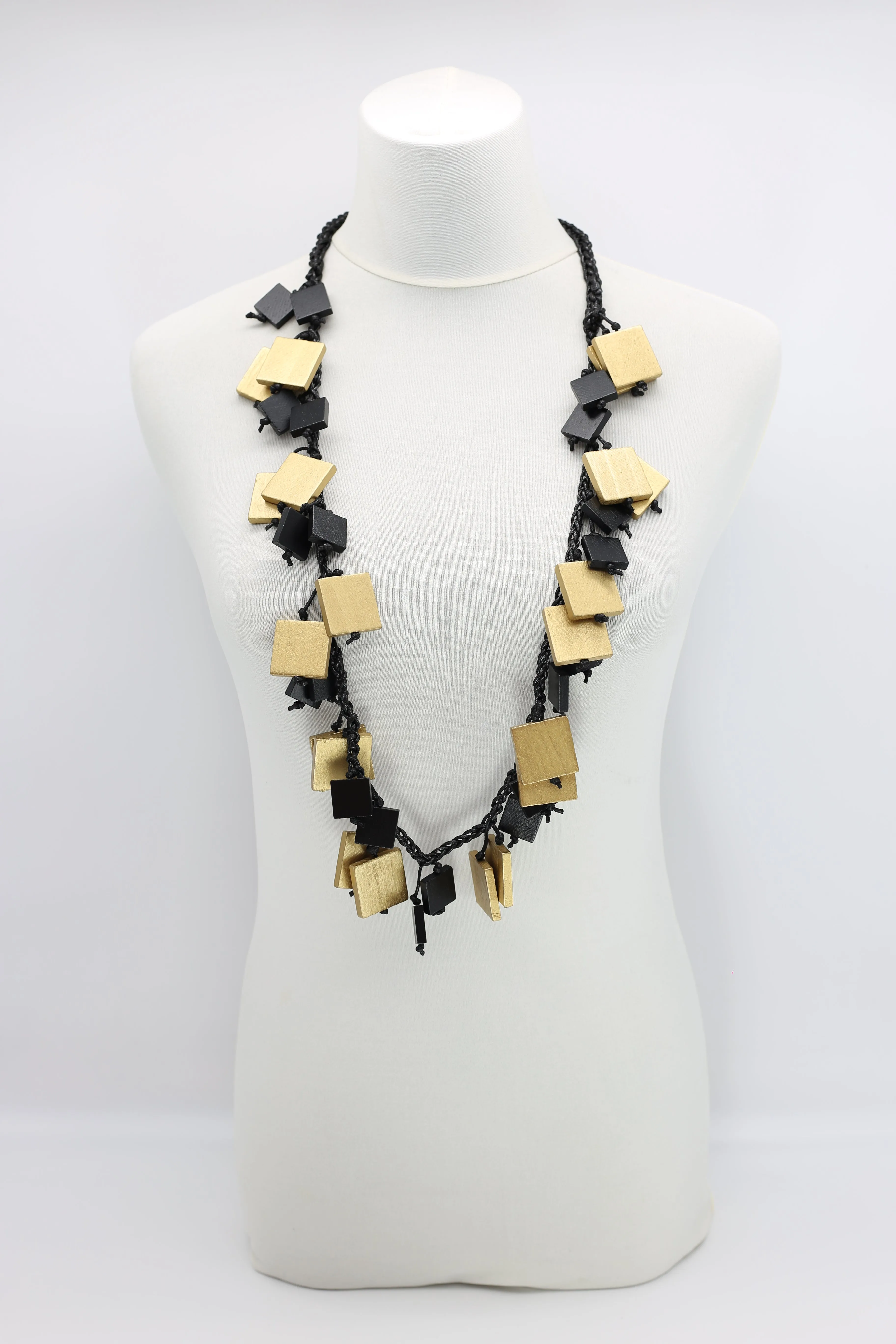 Wooden Squares on Cotton Cord Necklaces - Duo - Short