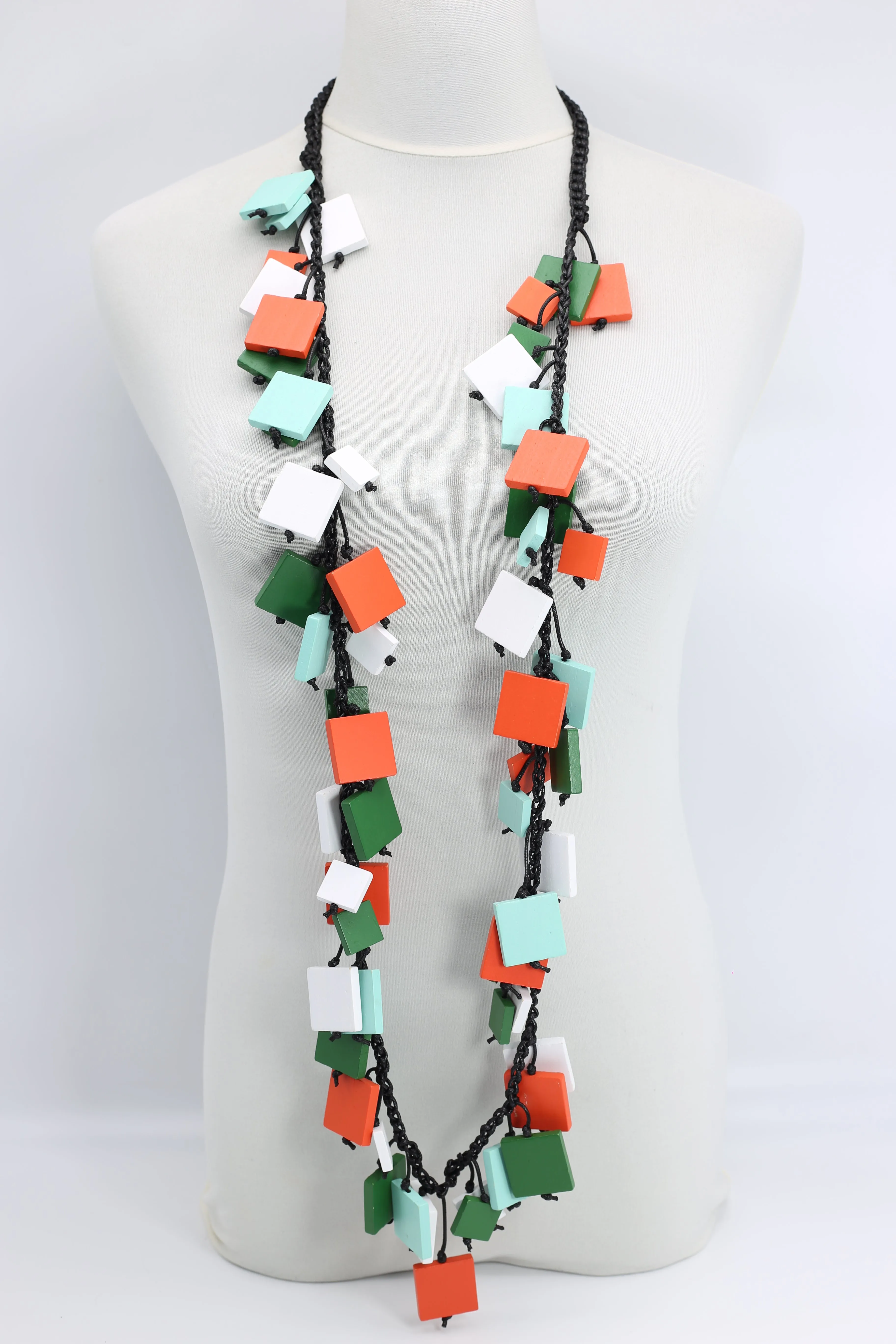Wooden Squares on Cotton Cord Necklaces - Long