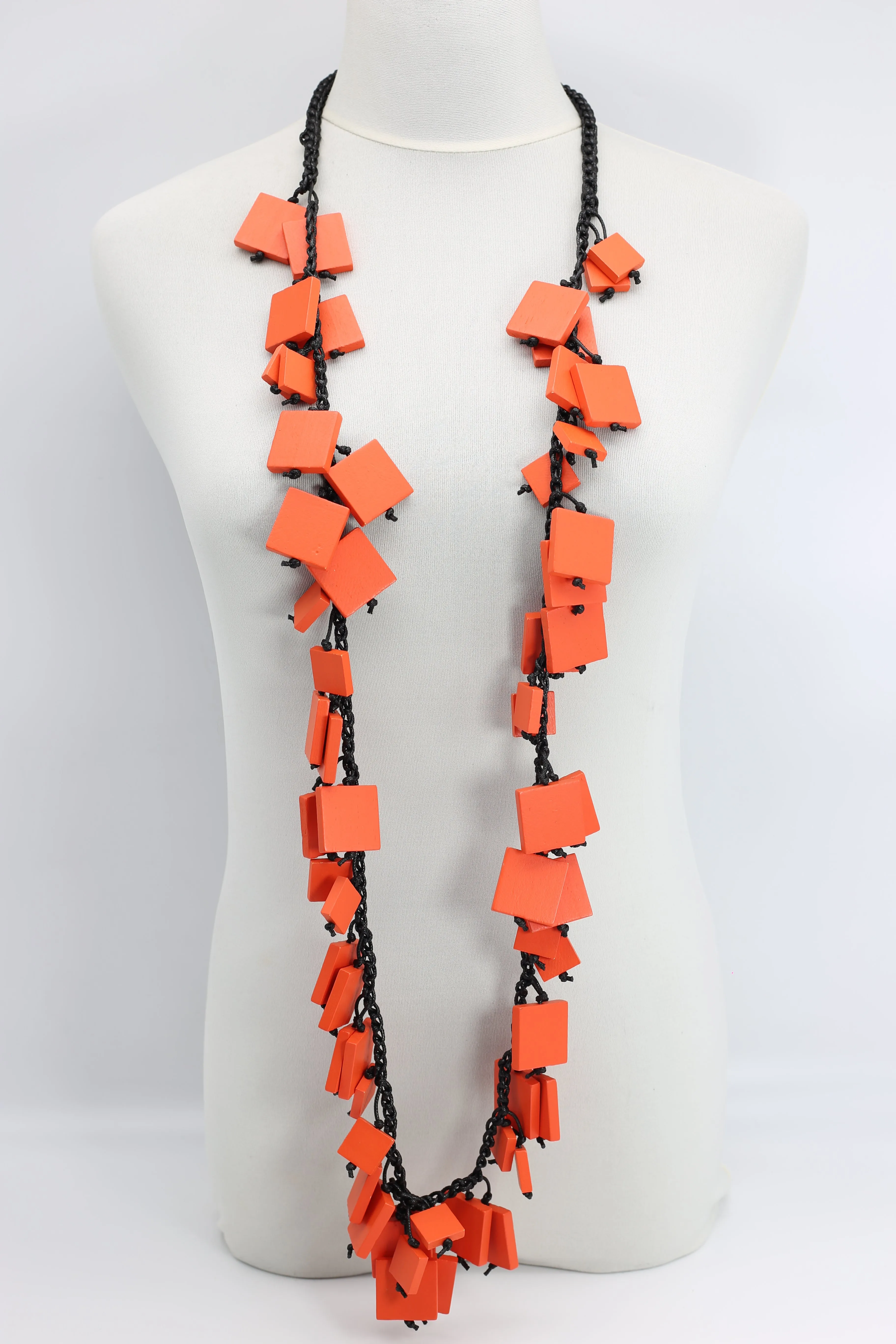 Wooden Squares on Cotton Cord Necklaces - Long