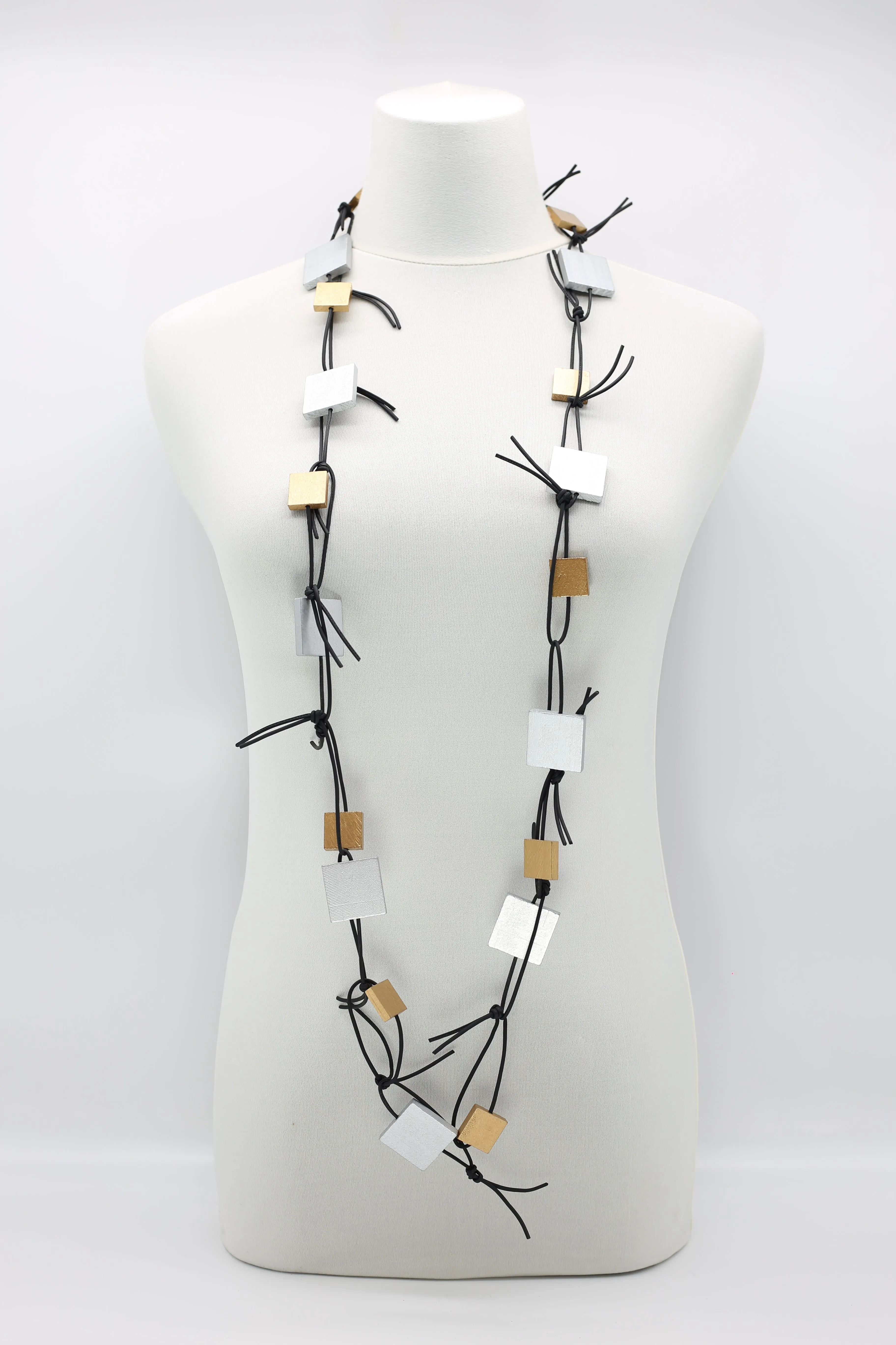 Wooden Squares on Leatherette Chain Necklaces - Duo