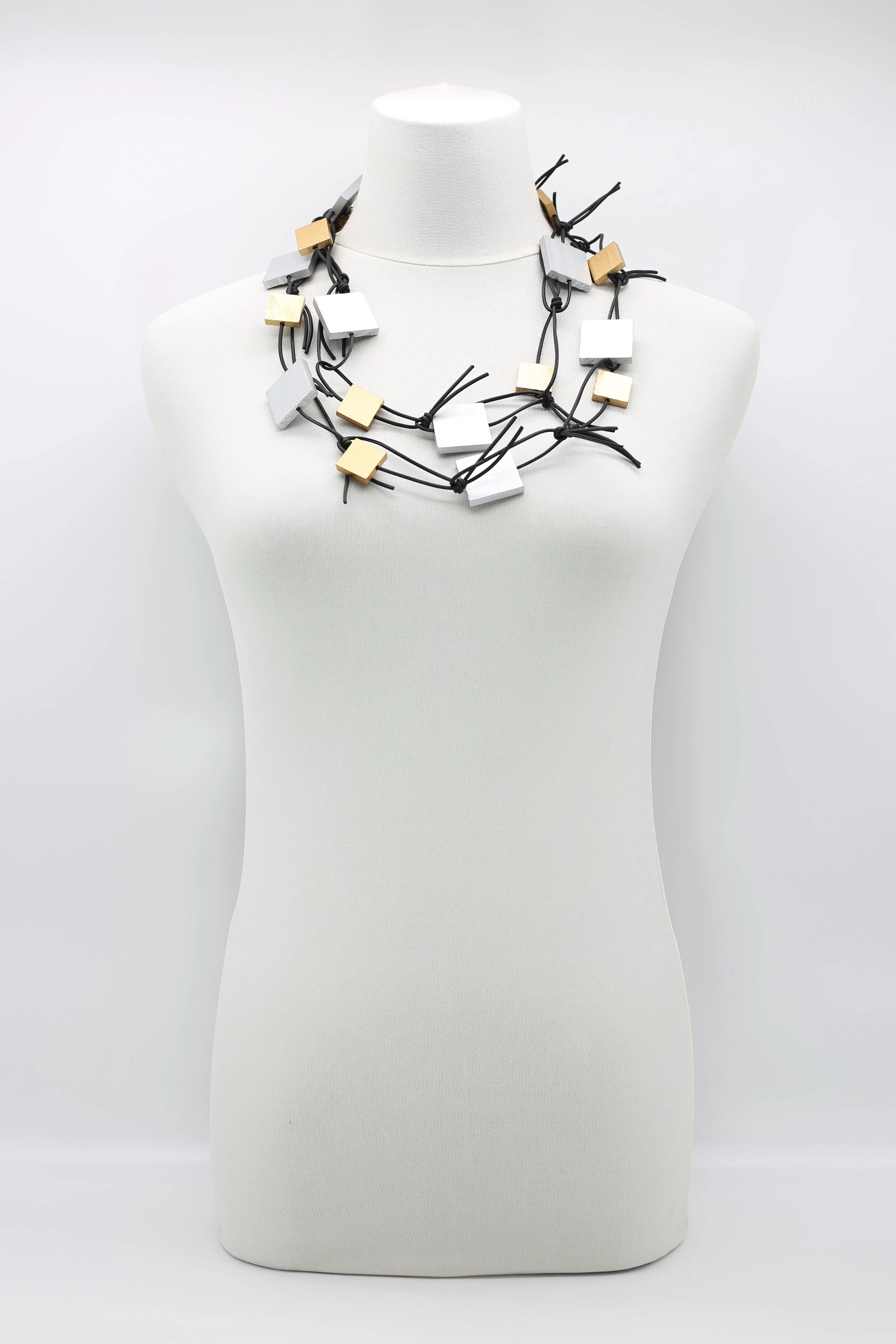 Wooden Squares on Leatherette Chain Necklaces - Duo