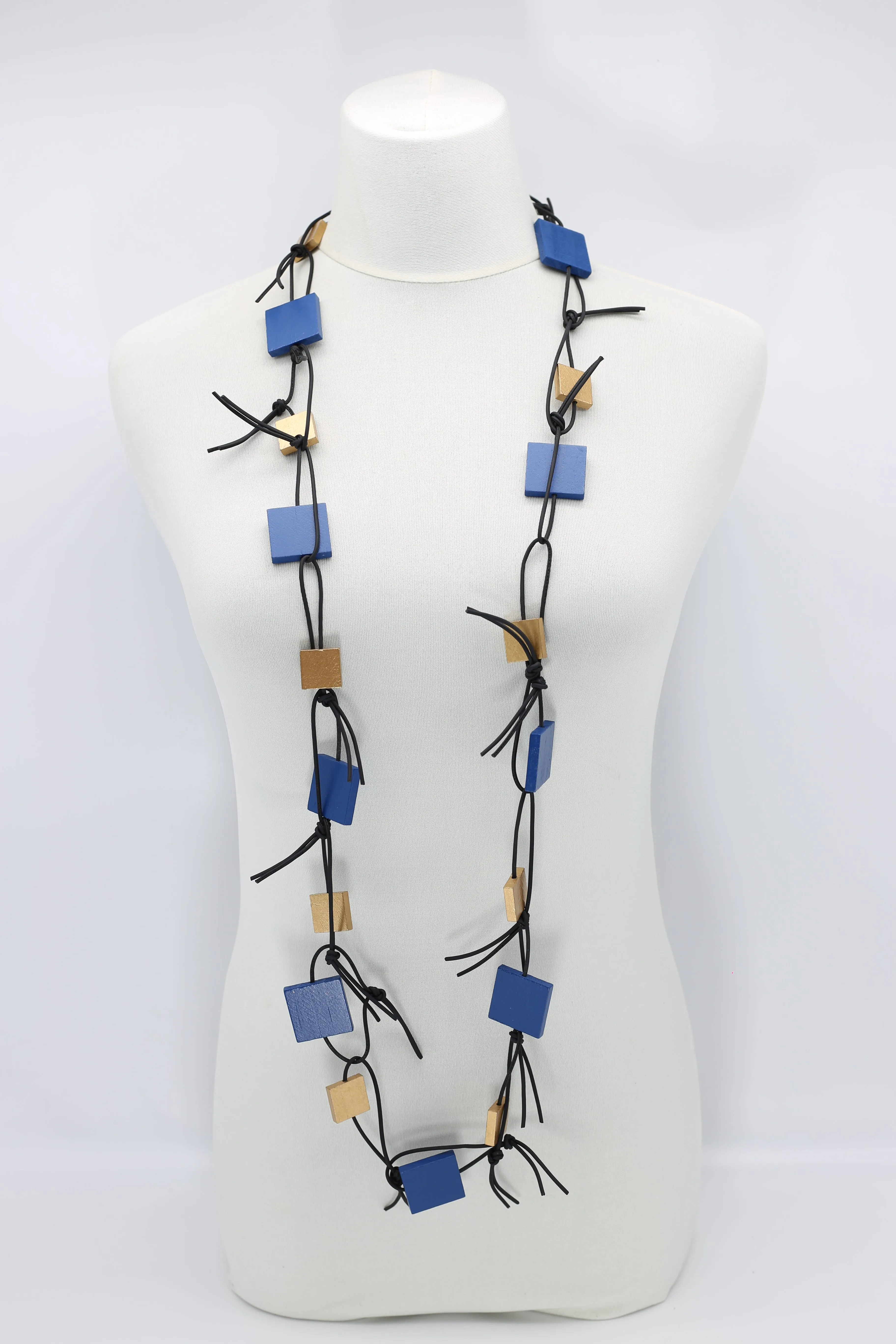 Wooden Squares on Leatherette Chain Necklaces - Duo