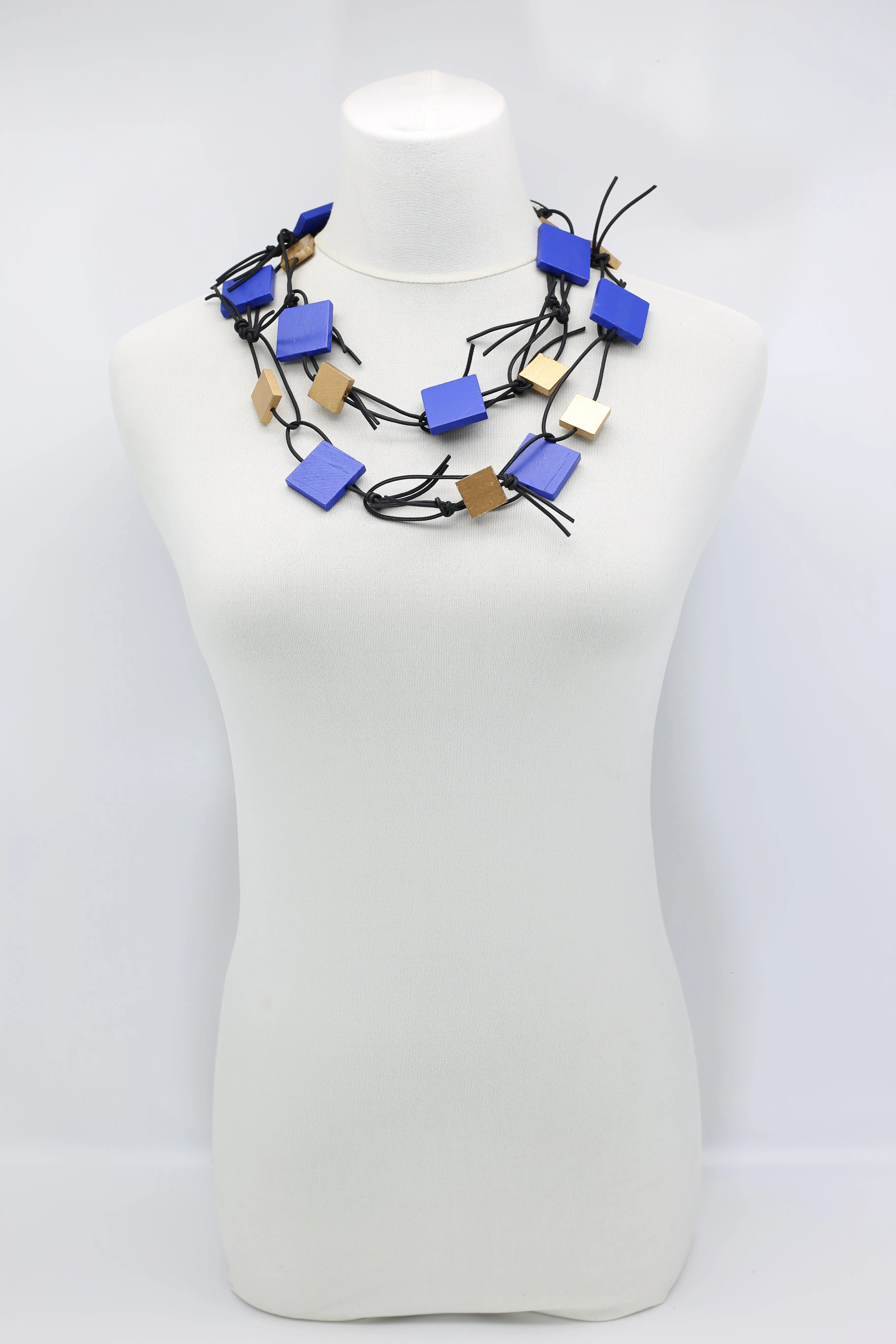 Wooden Squares on Leatherette Chain Necklaces - Duo