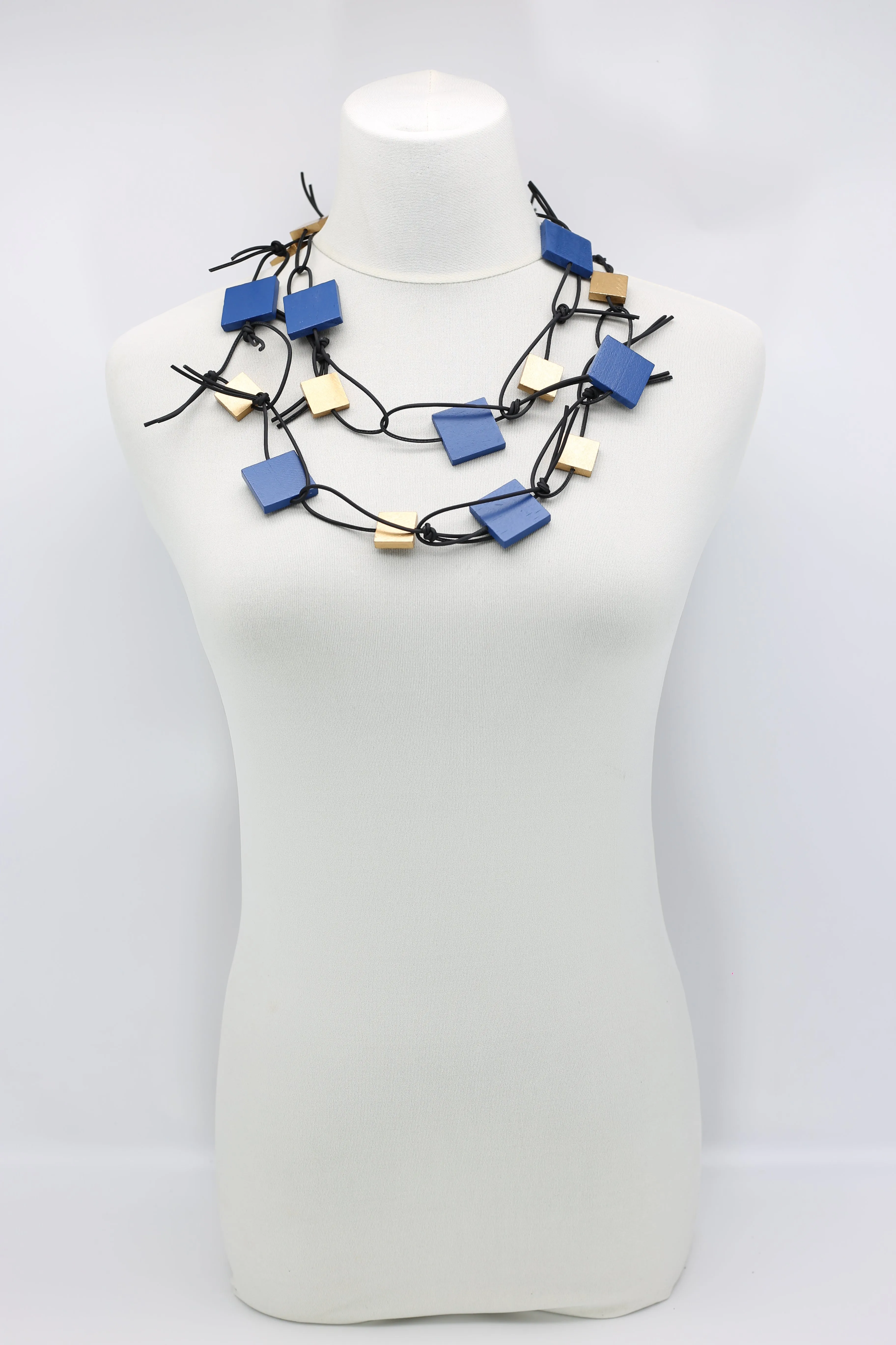 Wooden Squares on Leatherette Chain Necklaces - Duo
