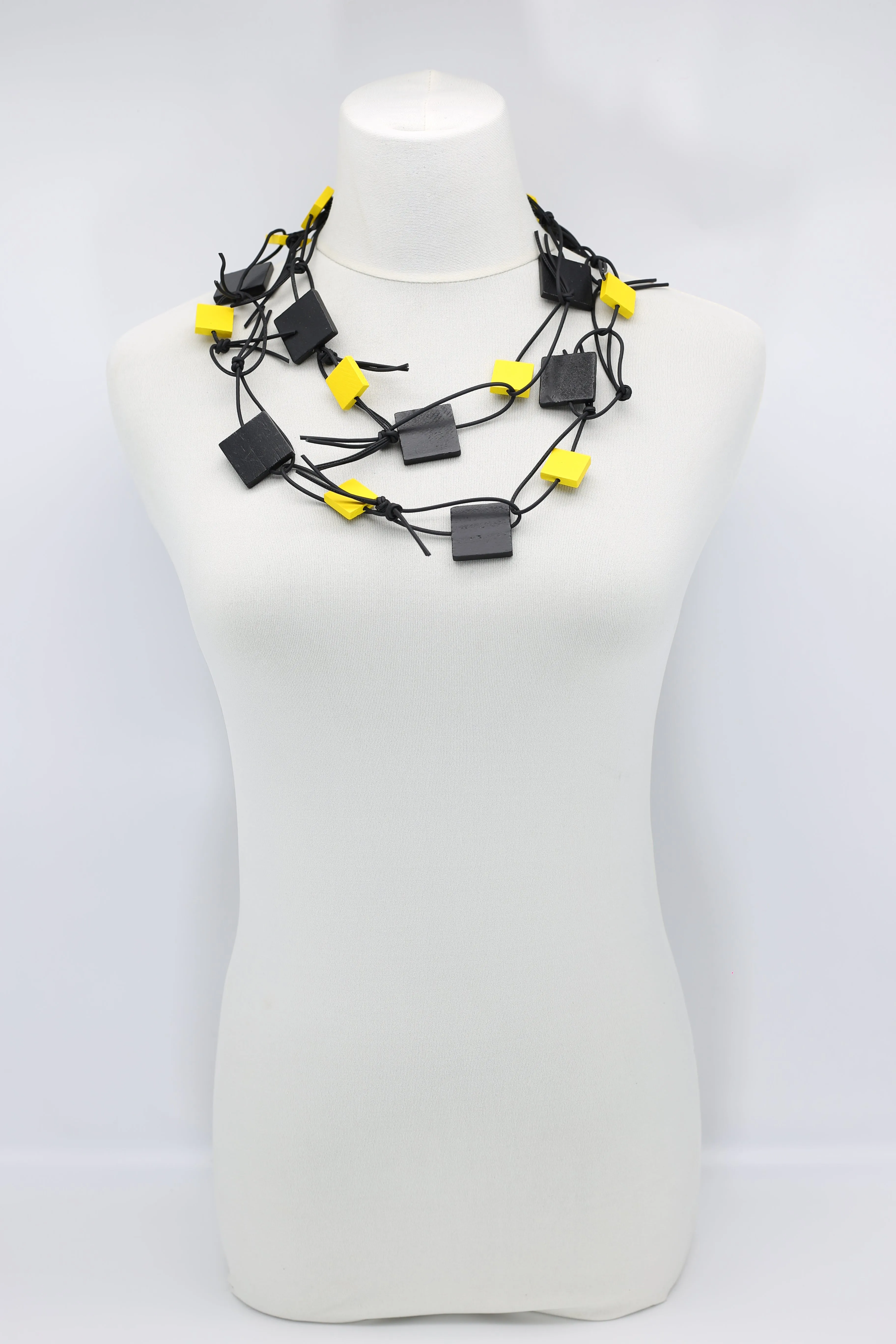Wooden Squares on Leatherette Chain Necklaces - Duo