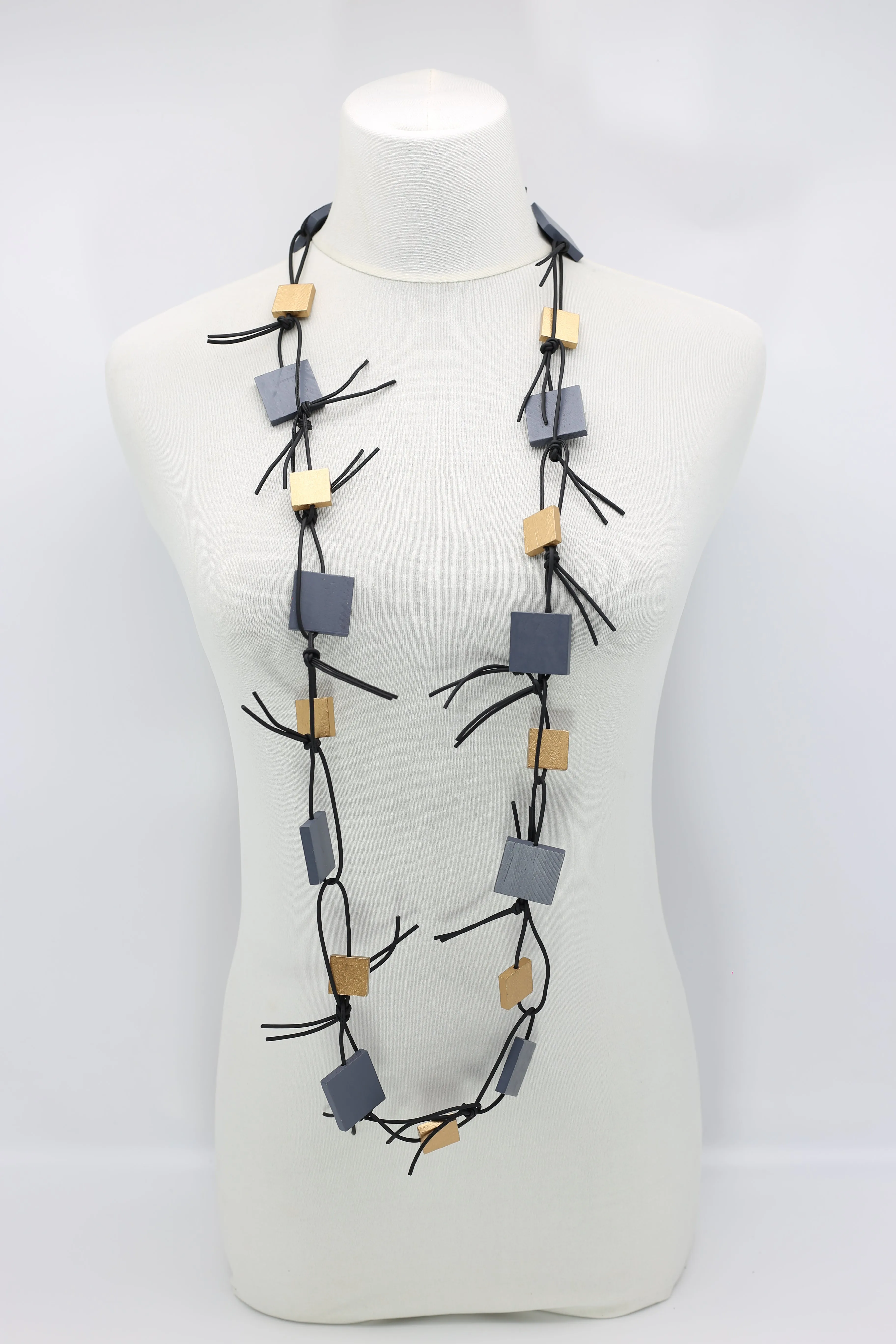 Wooden Squares on Leatherette Chain Necklaces - Duo
