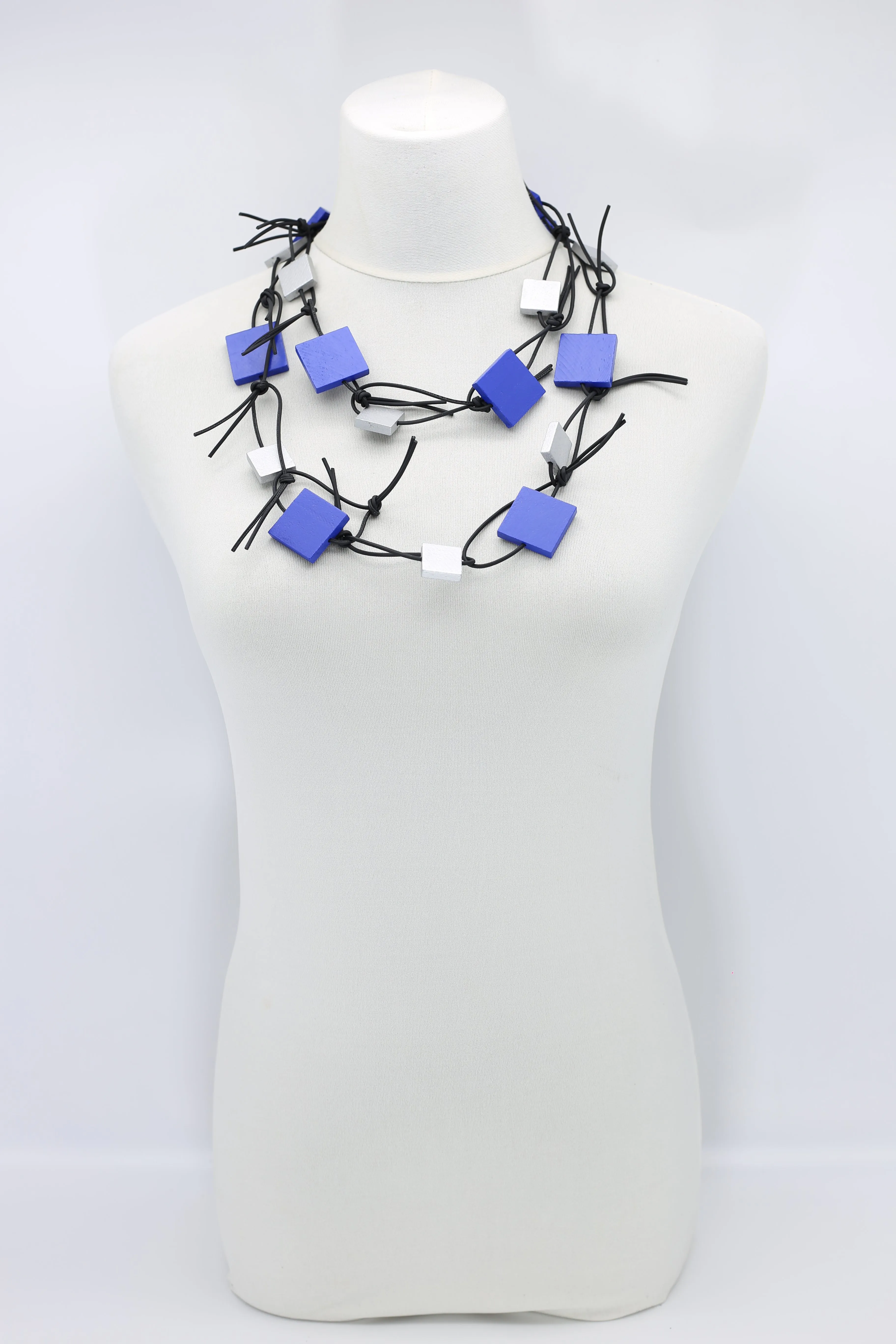 Wooden Squares on Leatherette Chain Necklaces - Duo