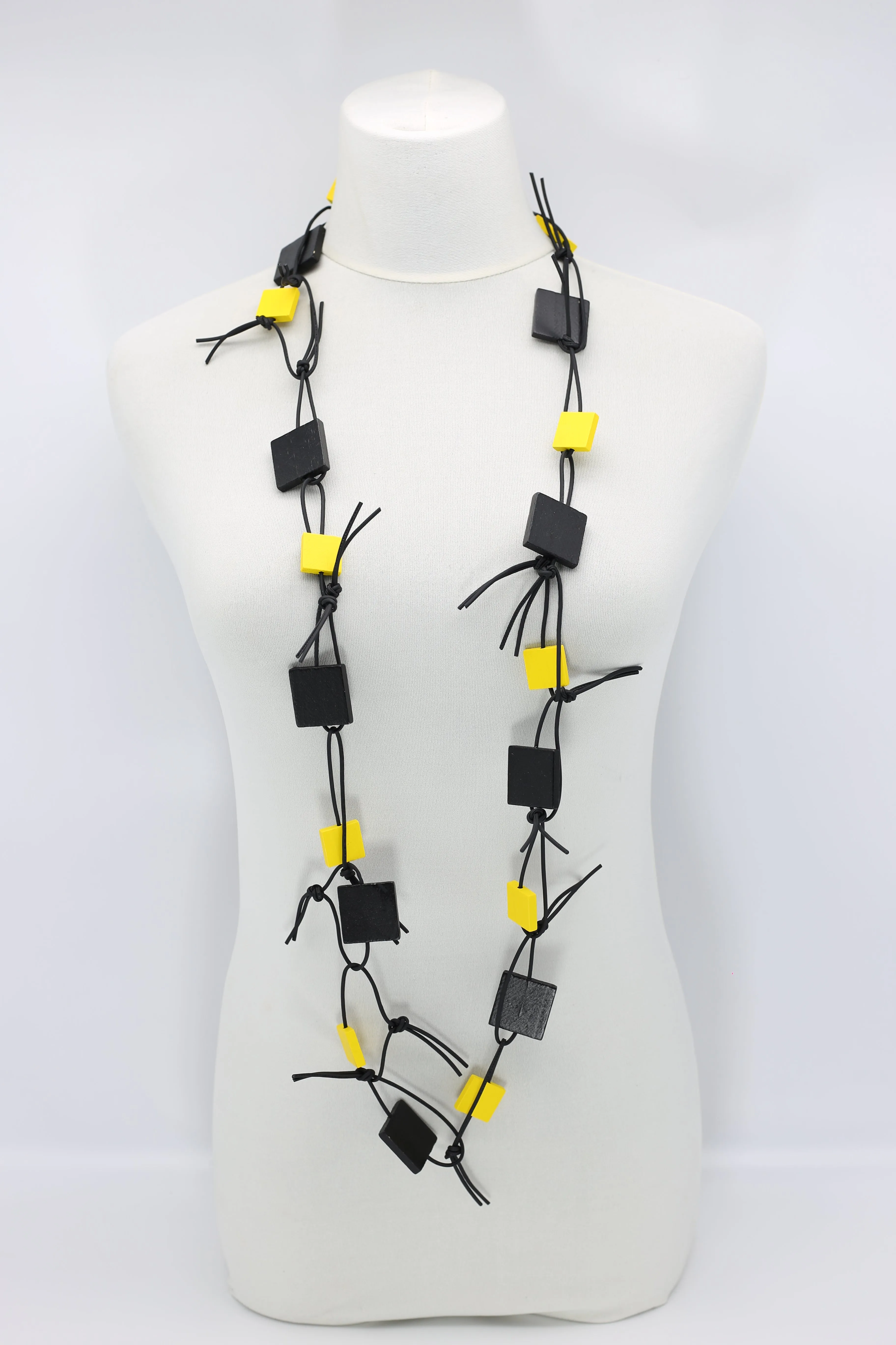 Wooden Squares on Leatherette Chain Necklaces - Duo