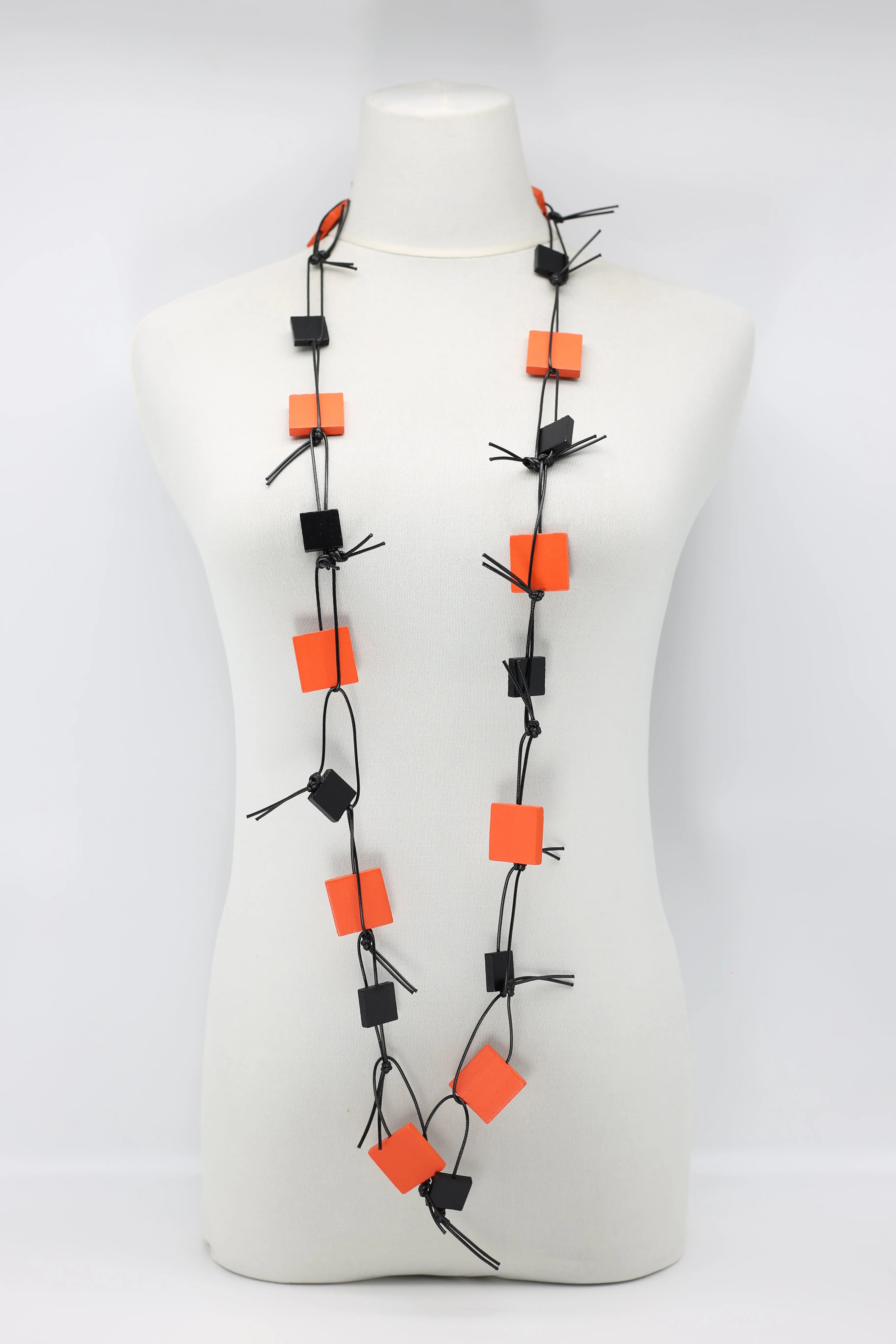 Wooden Squares on Leatherette Chain Necklaces - Duo