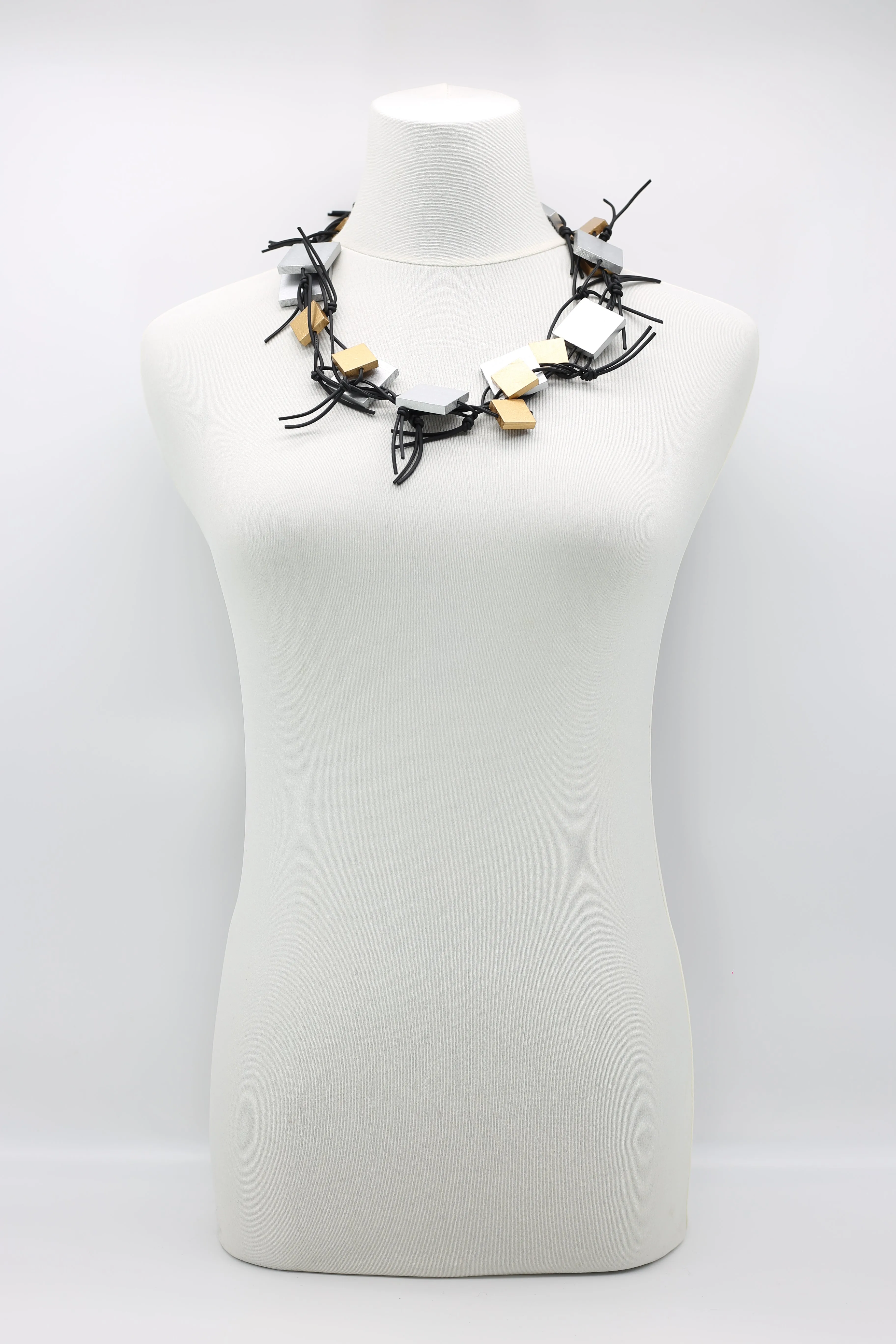Wooden Squares on Leatherette Chain Necklaces - Duo