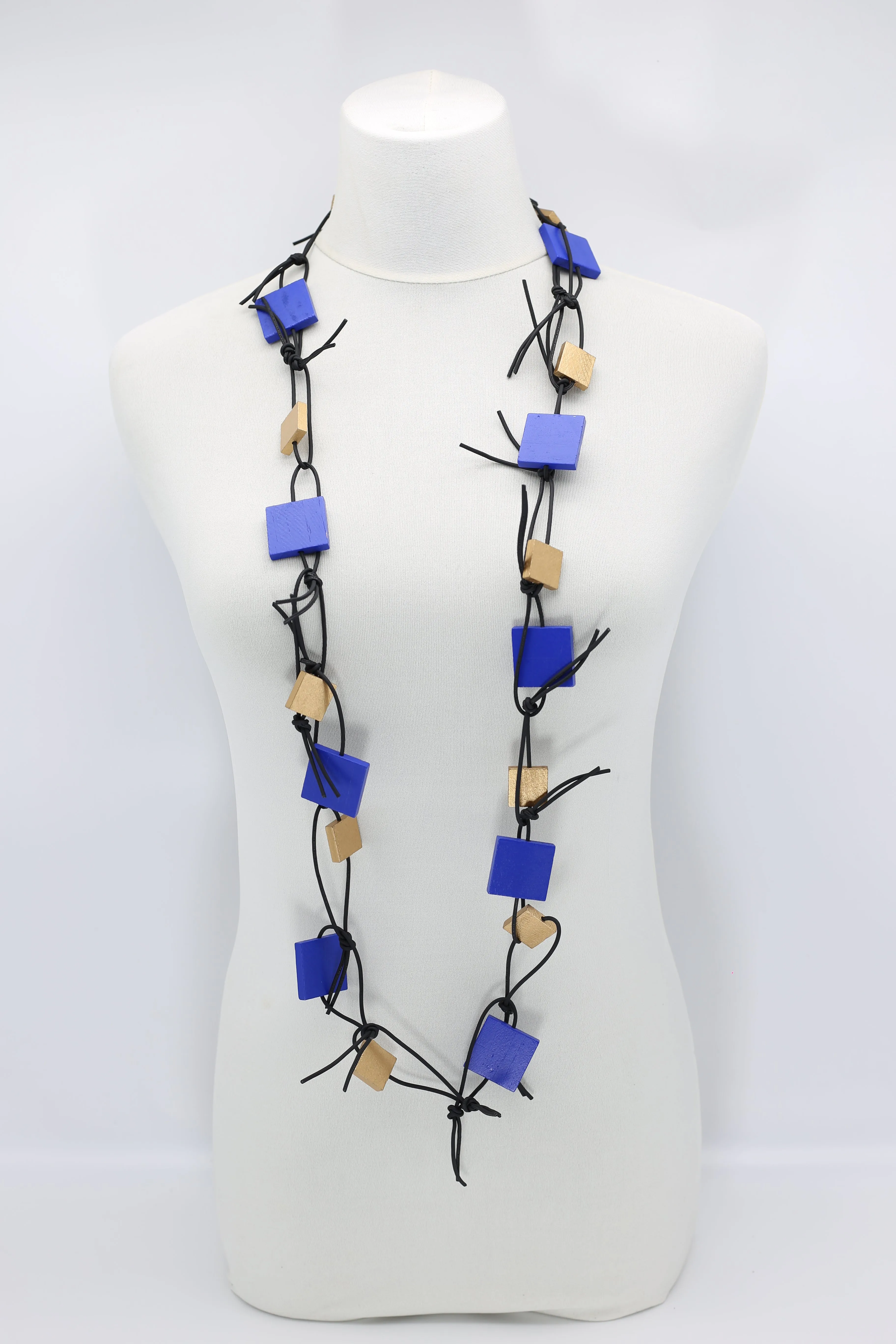 Wooden Squares on Leatherette Chain Necklaces - Duo