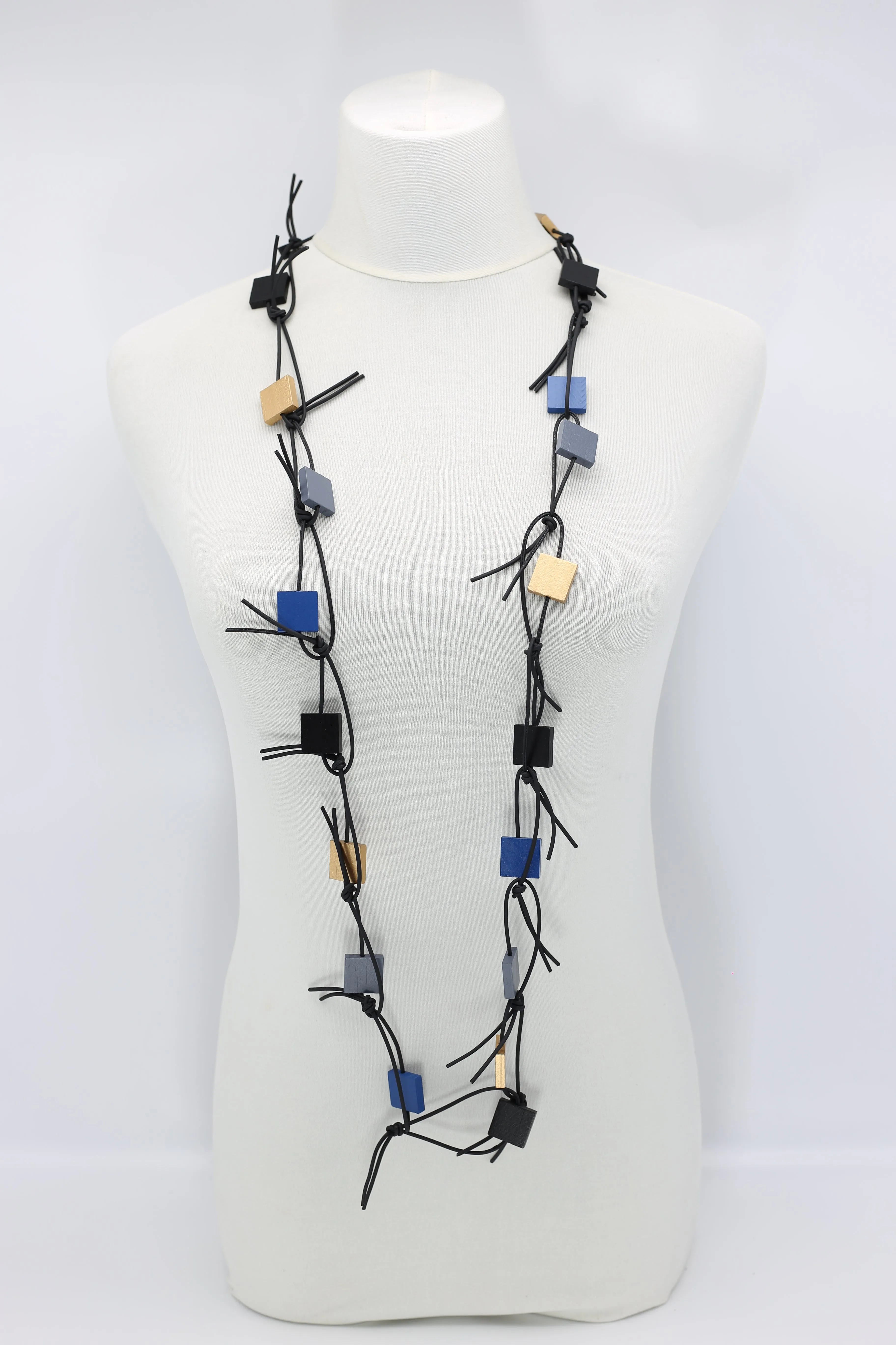 Wooden Squares on Leatherette Chain Necklaces - Duo