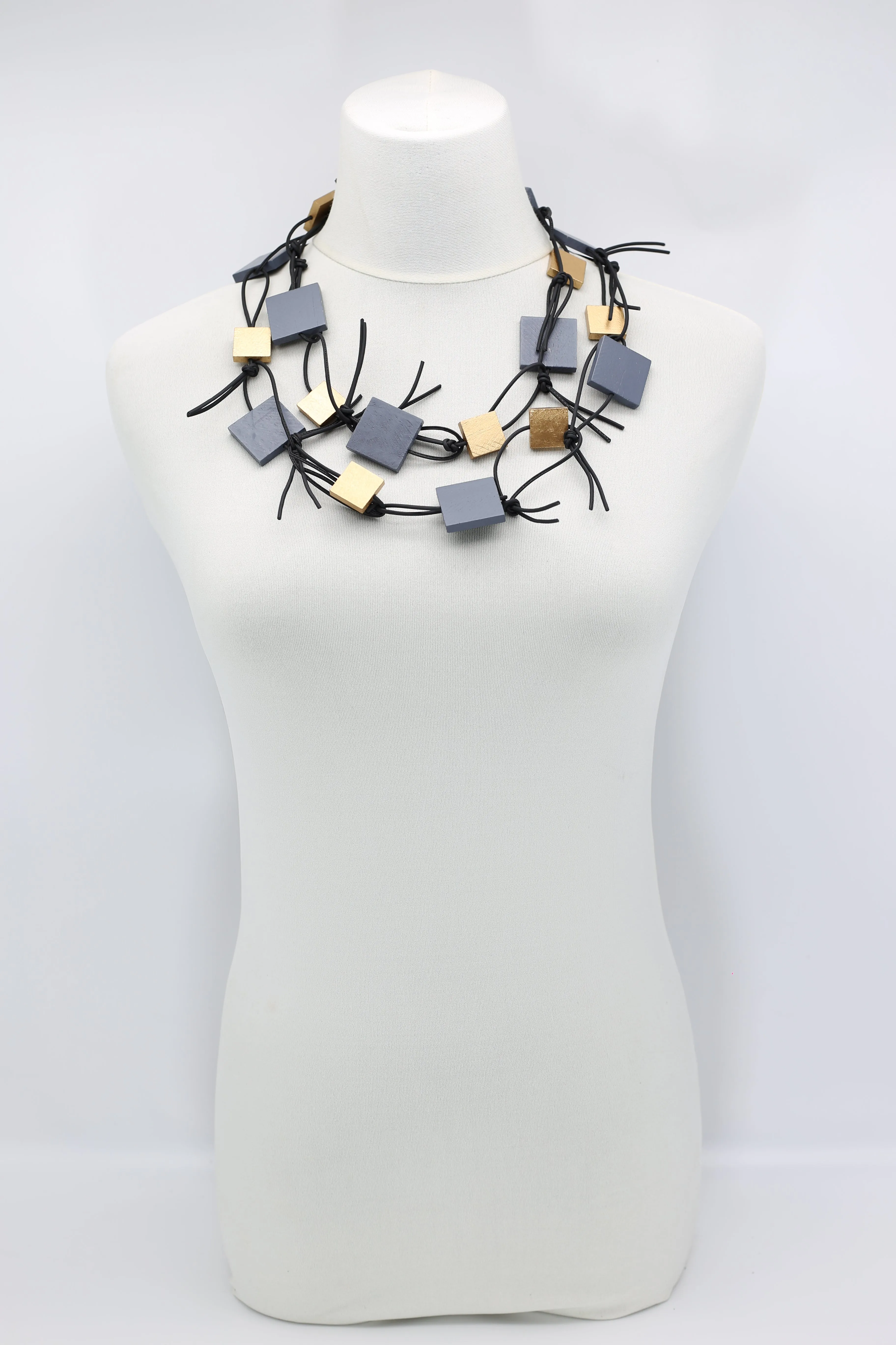 Wooden Squares on Leatherette Chain Necklaces - Duo