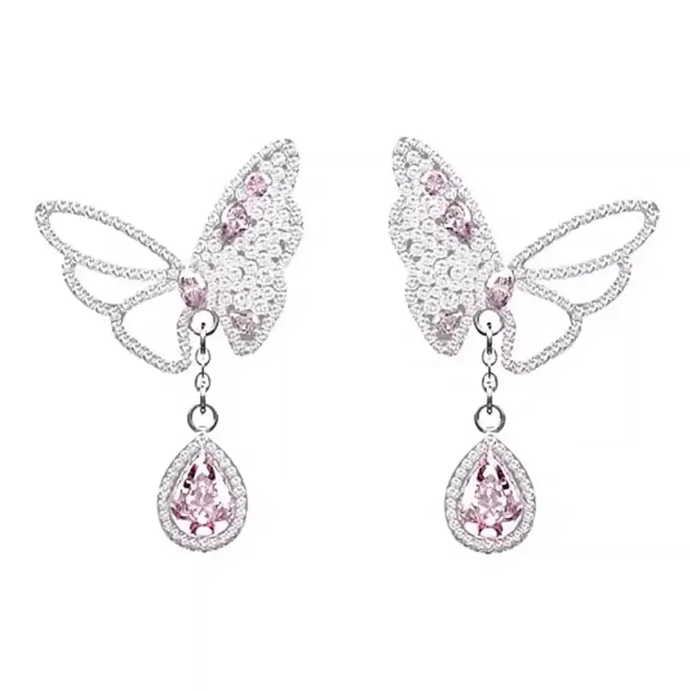 Y2K Silver Butterfly Earrings with Pink Gem and Teardrop Crystal