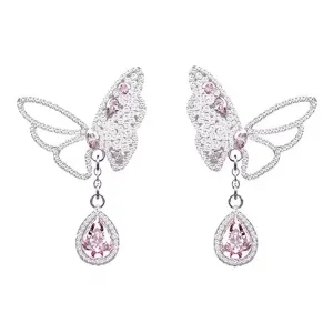 Y2K Silver Butterfly Earrings with Pink Gem and Teardrop Crystal