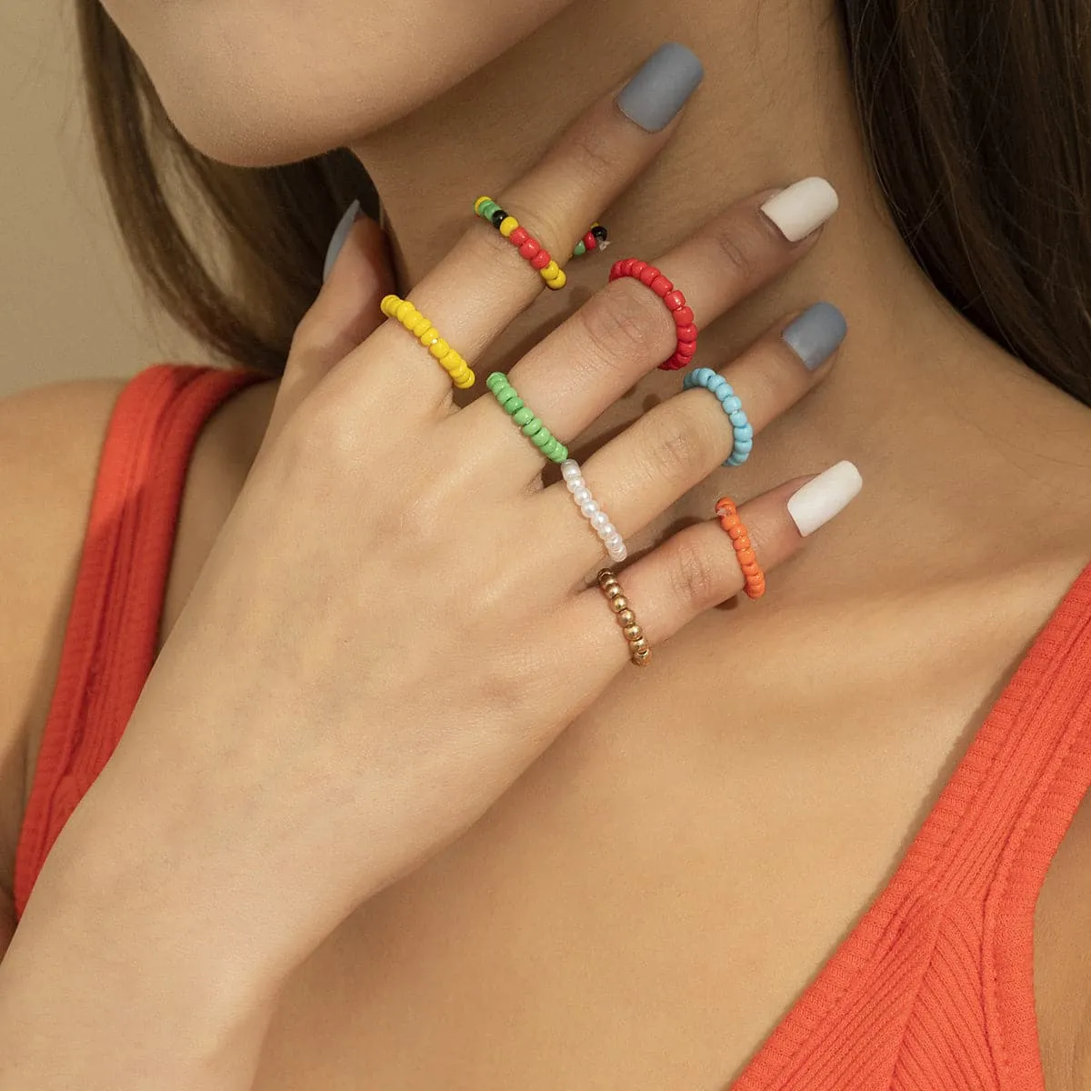 Yellow & Red Beaded Stretch Ring Set