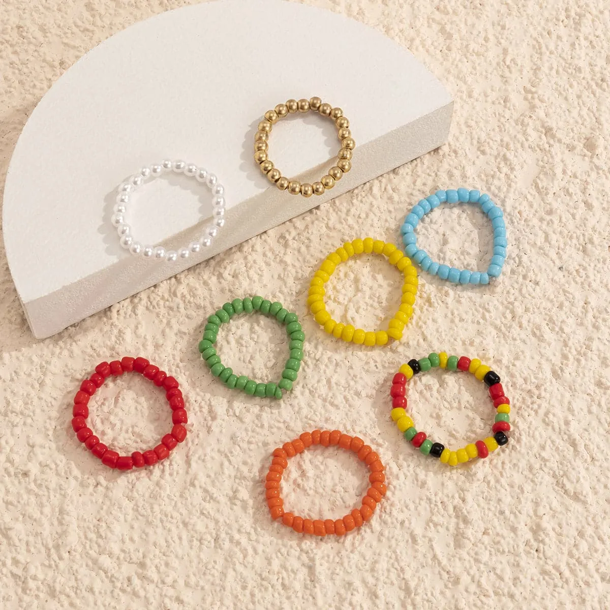 Yellow & Red Beaded Stretch Ring Set