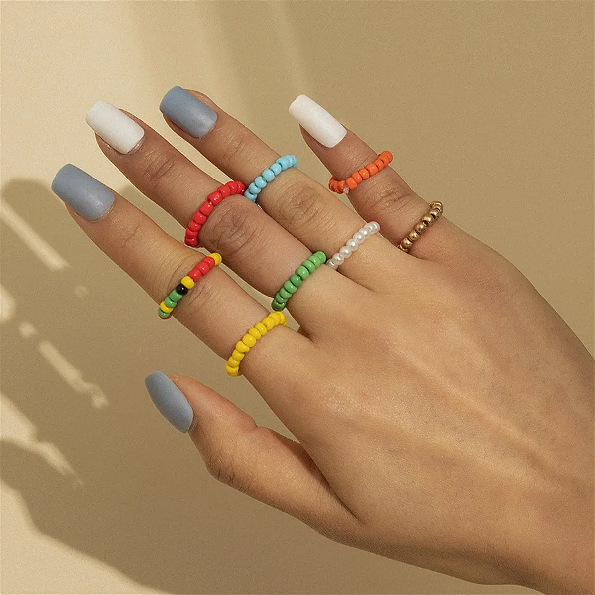 Yellow & Red Beaded Stretch Ring Set