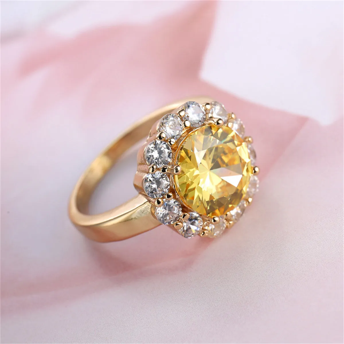 Yellow Crystal & Cubic Zirconia 18K Gold-Plated Halo Ring