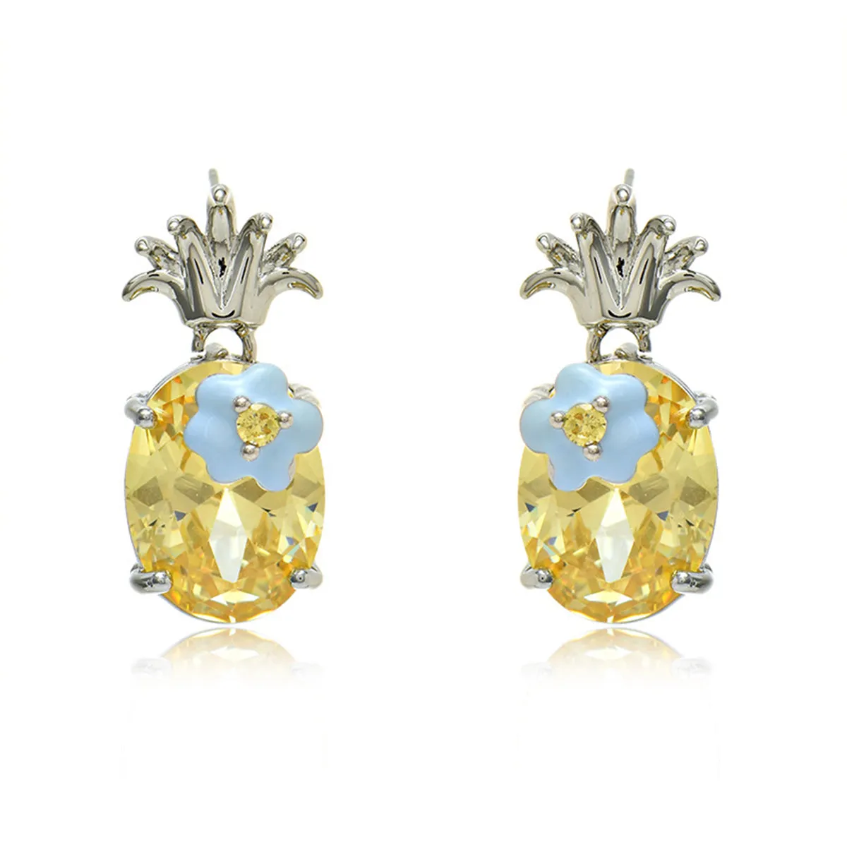 Yellow Crystal & Cubic Zirconia Flower Oval Drop Earrings