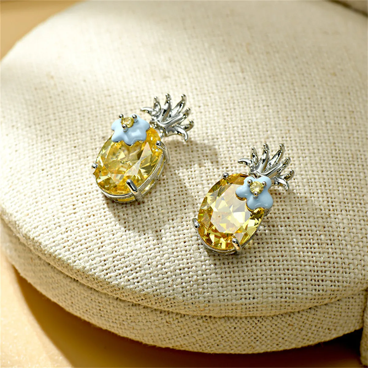Yellow Crystal & Cubic Zirconia Flower Oval Drop Earrings