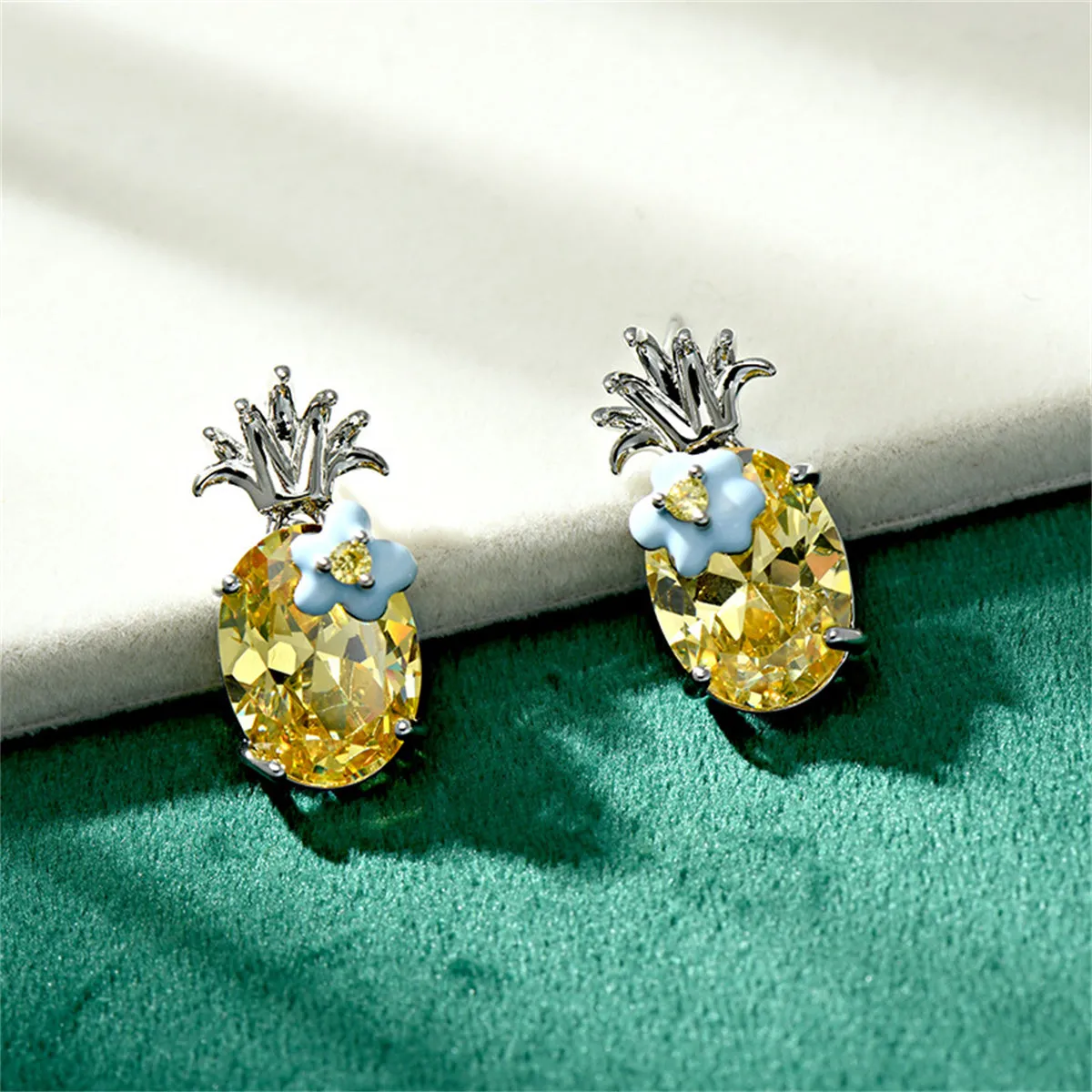 Yellow Crystal & Cubic Zirconia Flower Oval Drop Earrings