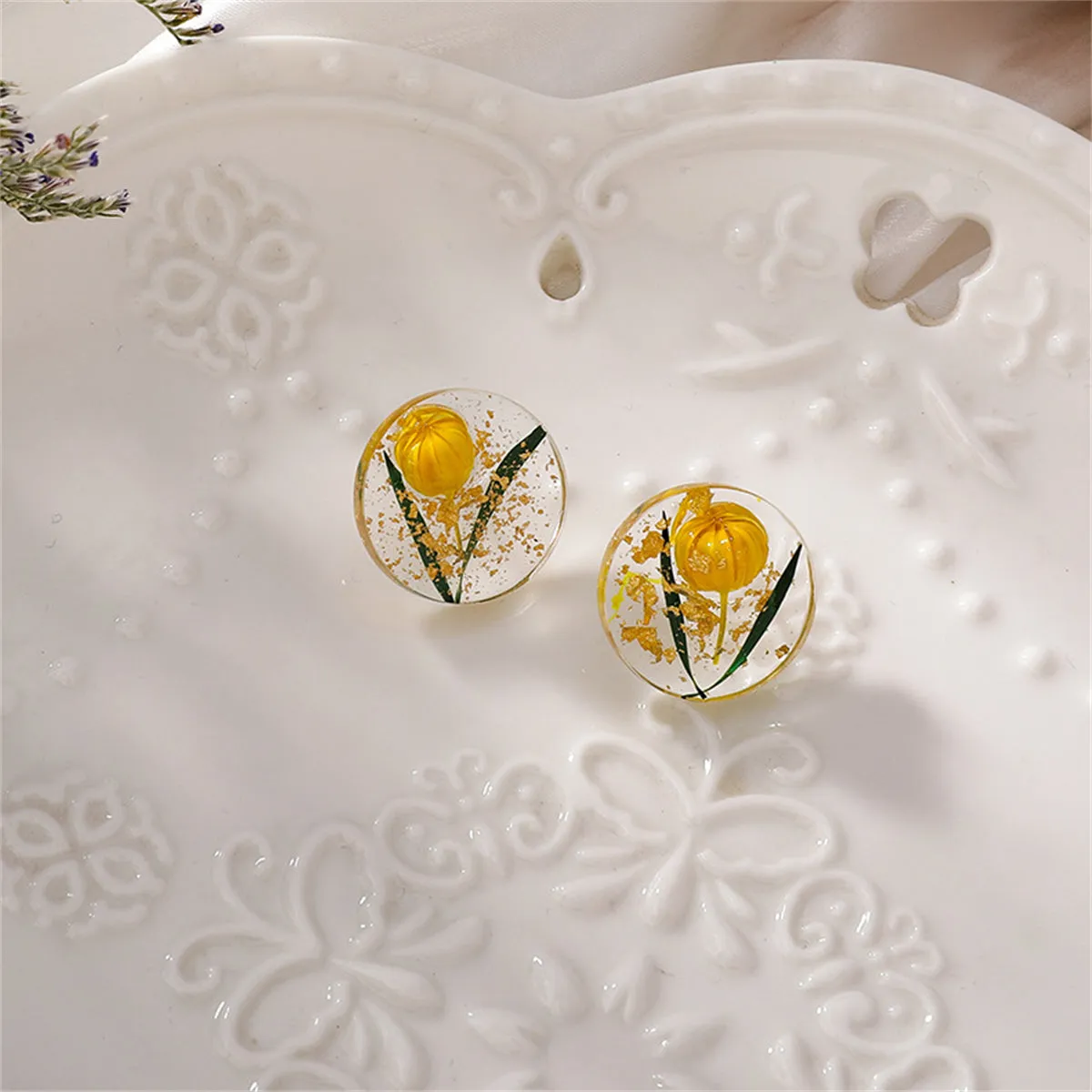 Yellow Flower & Silver-Plated Stud Earrings