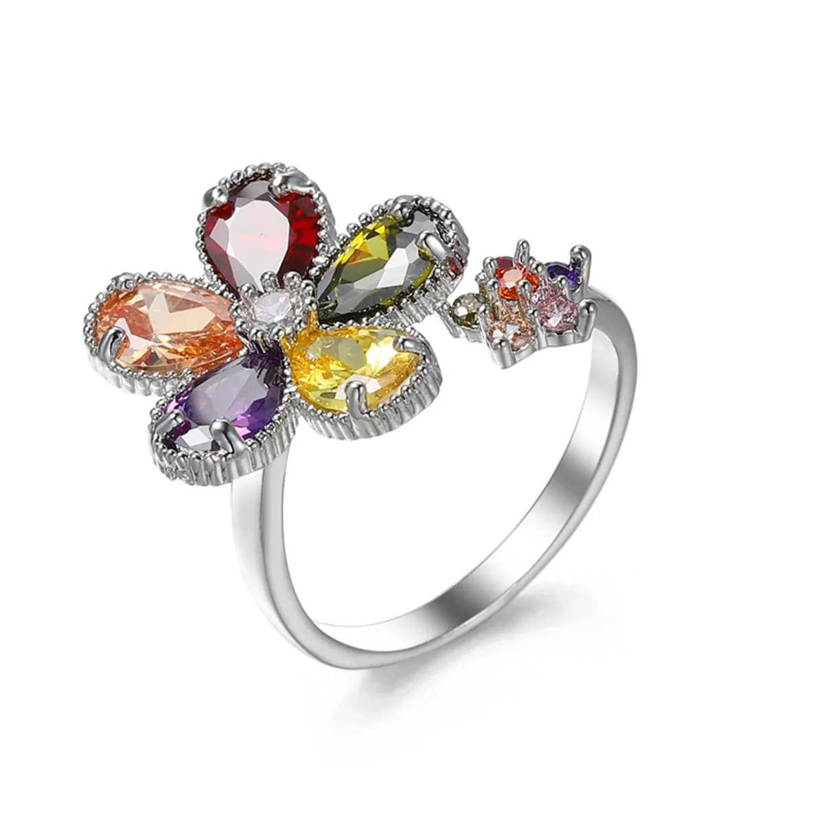 Yellow Multicolor Crystal & Cubic Zirconia Silver-Plated Flower Ring