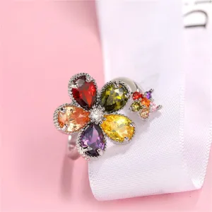 Yellow Multicolor Crystal & Cubic Zirconia Silver-Plated Flower Ring