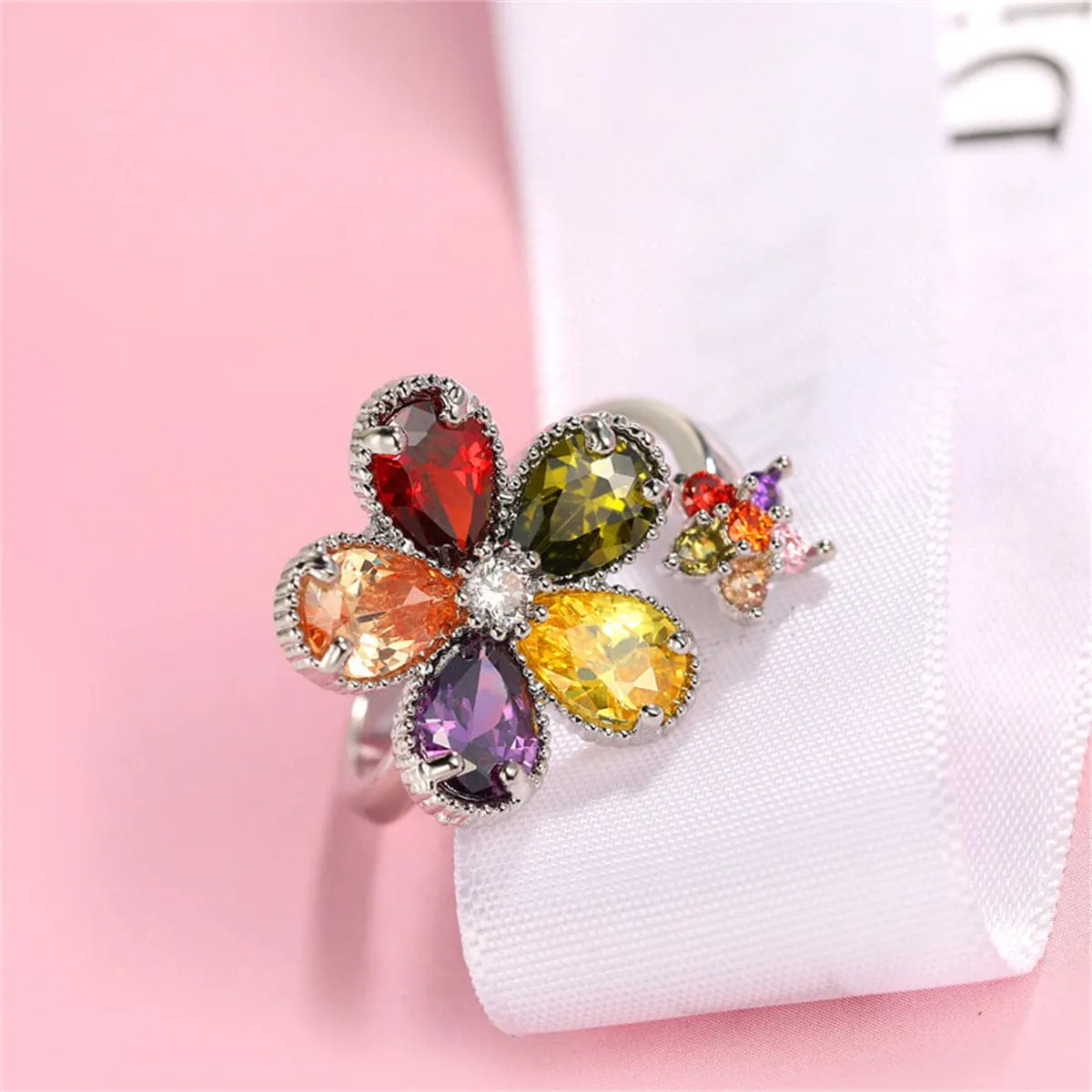 Yellow Multicolor Crystal & Cubic Zirconia Silver-Plated Flower Ring
