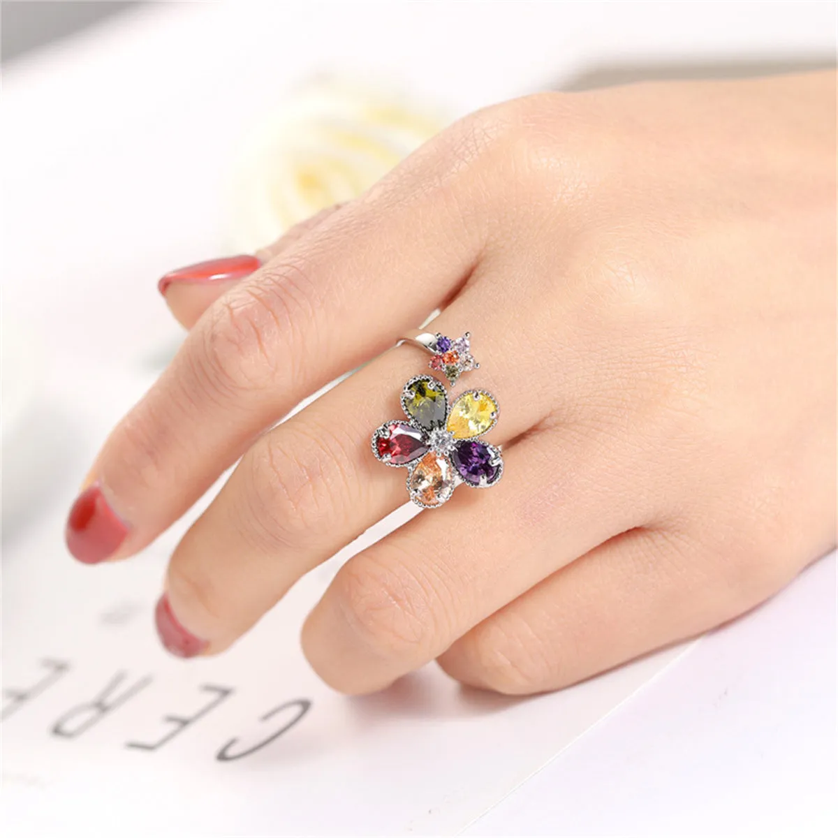Yellow Multicolor Crystal & Cubic Zirconia Silver-Plated Flower Ring