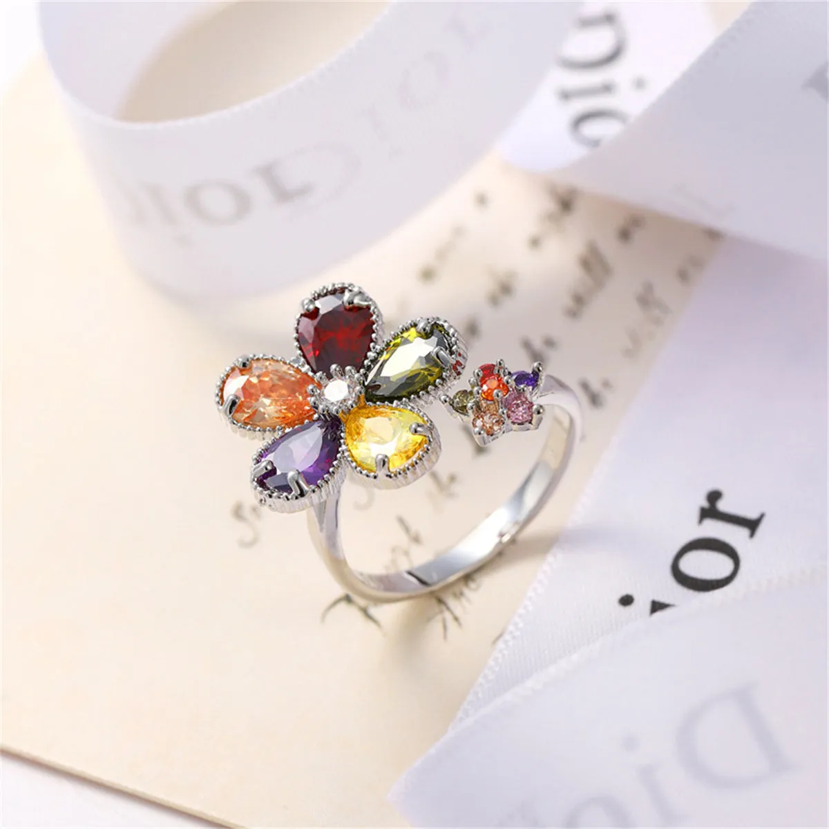 Yellow Multicolor Crystal & Cubic Zirconia Silver-Plated Flower Ring